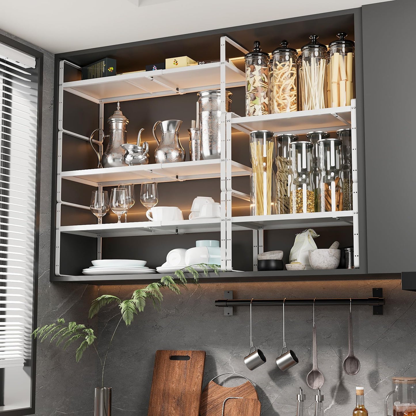 LOCVCDA 2Pack, Expandable Cabinet Shelf10.2 Wide,Stackable Cabinet Shelf Organizers,Metal Sturdy Kitchen Counter Storage for Countertop, Adjustable Height Black Spice Rack,2Pack,White
