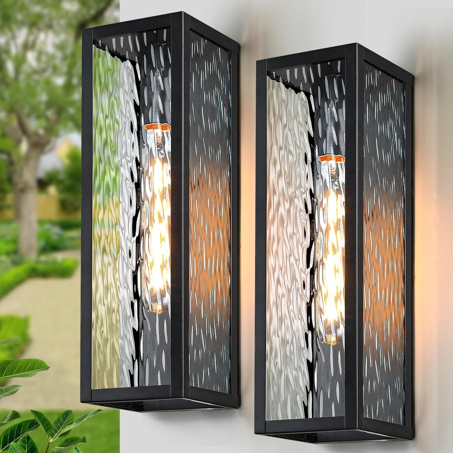 2 Packs 16'' Outdoor Wall Lights Exterior Lighting Fixtures, Modern Black Porch Light for House, Waterproof Outside Lights Wall Sconce Lanterns with Water Ripple Glass for Front Door, Patio, Garage