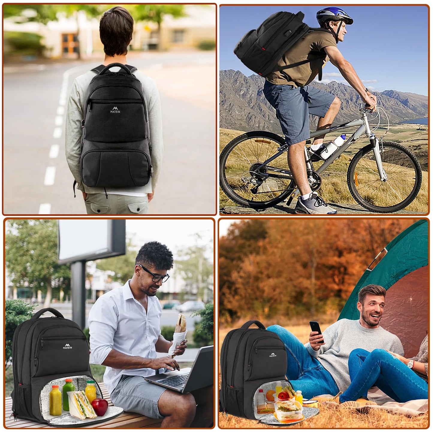 MATEIN Lunch Backpack for Men, 17 Inch Insulated Cooler Backpack Lunch Box Backpack with USB Charging Port, Water Resistant Computer Daypack College Laptop Backpack for Travel Picnic Work, Black