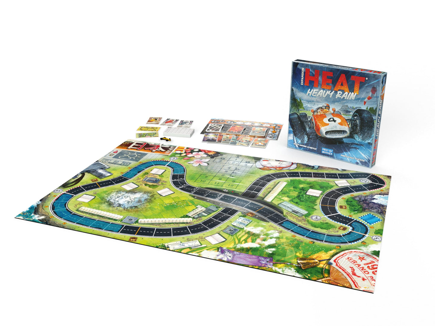 Heat - Pedal to the Metal: Heavy Rain (English) - Board Games - Strategy/Expansion - Race Through Rain and Chicanes - Ages 10+ - 1 to 7 Players - 45 to 60 Minute Playtime - Made by Asmodee