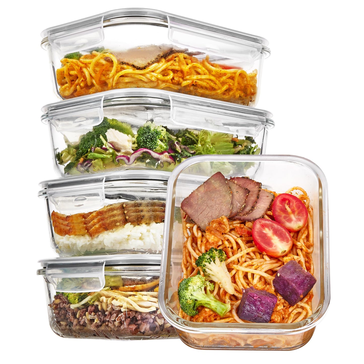 Vtopmart 5 Pack 36oz Glass Food Storage Containers with Lids, Meal Prep Containers, Airtight Lunch Containers Bento Boxes with Snap Locking Lids for Microwave, Oven, Freezer and Dishwasher