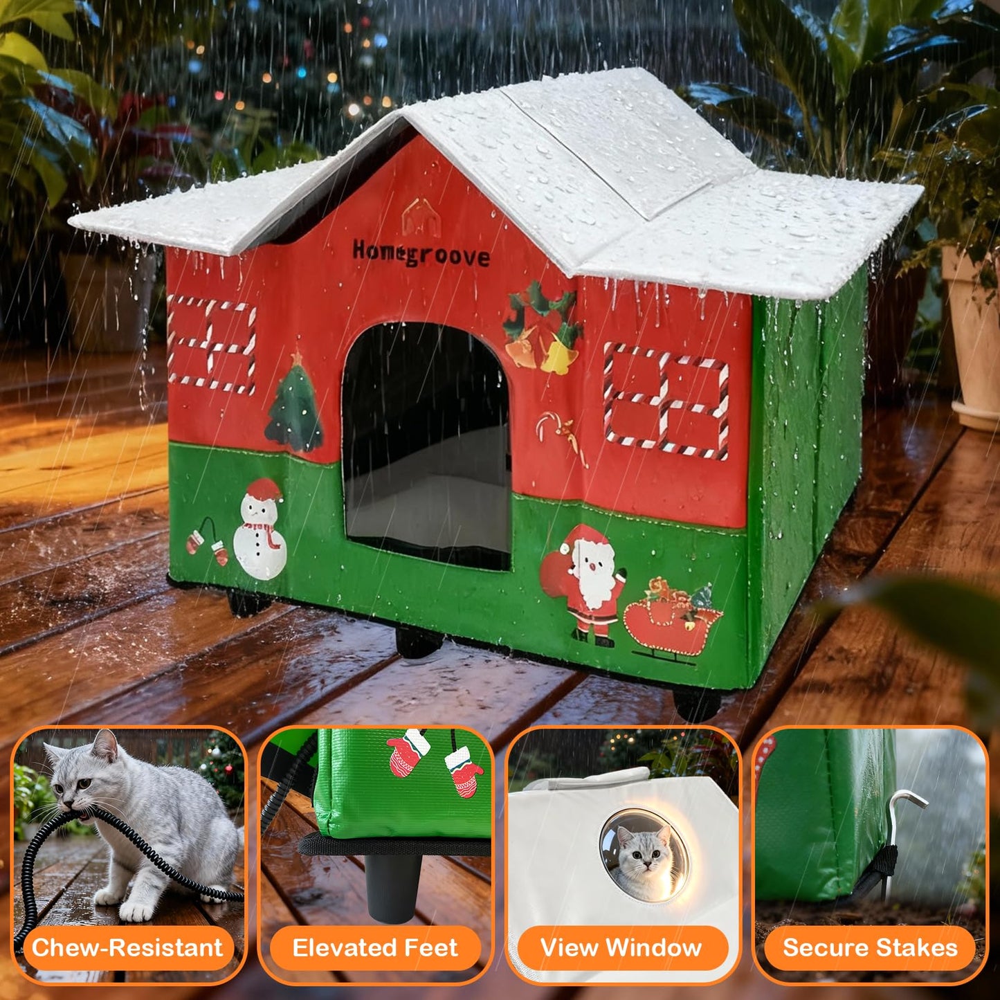 Homegroove Christmas Heated Cat House for Outside - 25 x 17 x 18 inches Festive Weatherproof & Insulated Outdoor Shelter with Heating Pad, Skylight for Stray & Feral Cats