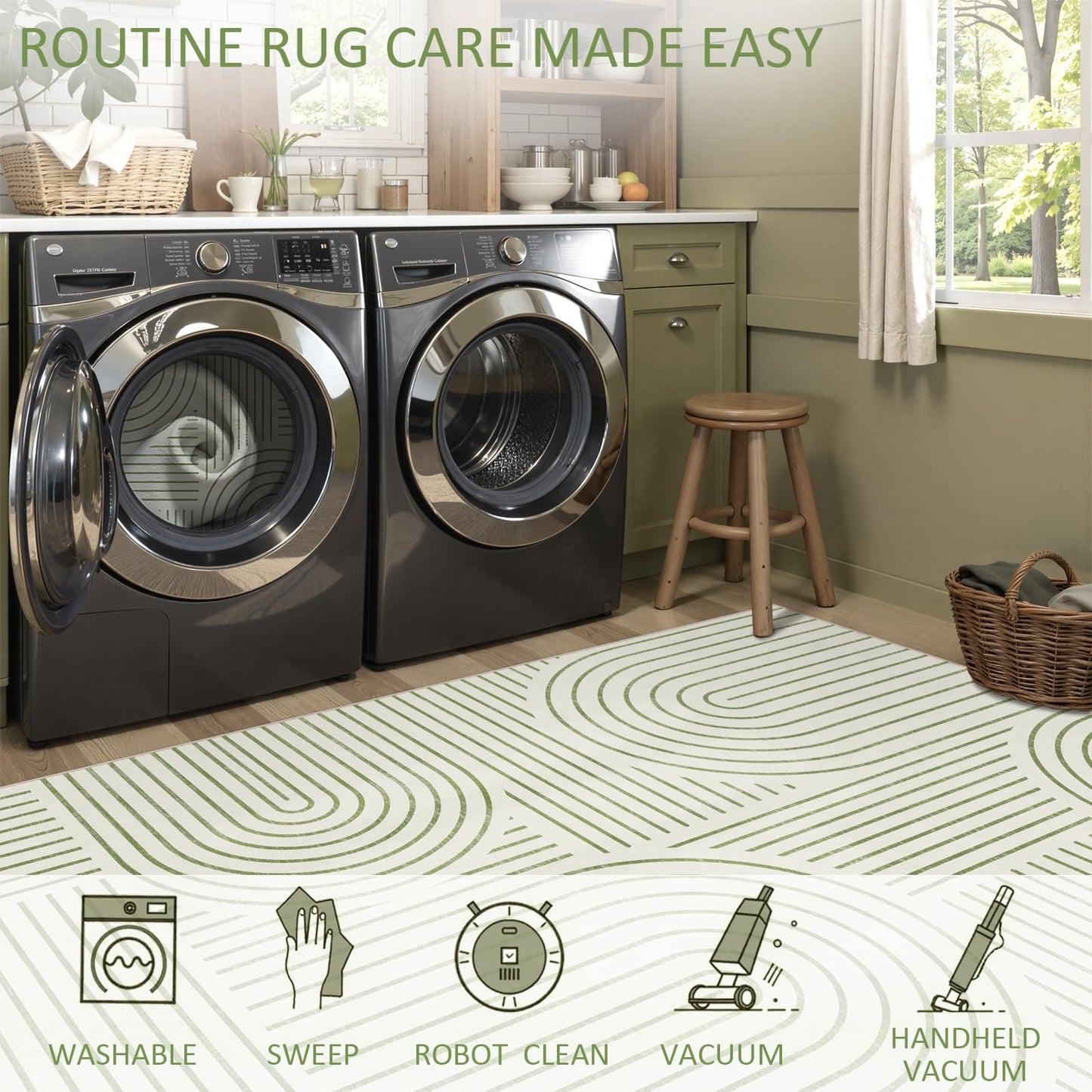 Dadasgk Washable Area Rug 5x7 - Boho Living Room Rug Soft Indoor Carpet Ultra-Thin Sage Green Modern Abstract Rainbow Rugs for Bedroom Dining Room Nursery Classroom Home Decor
