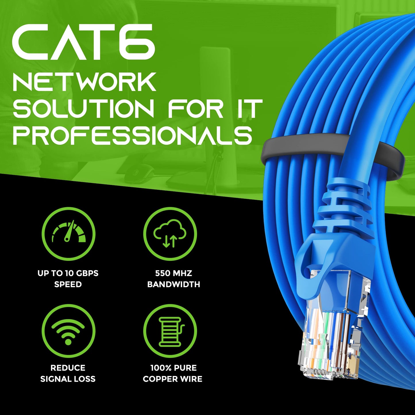 GearIT 10-Pack Cat6 Patch Cable 15 Feet Cat 6 Ethernet Cable Snagless Flexible Soft Tab - Preimum Series - Blue