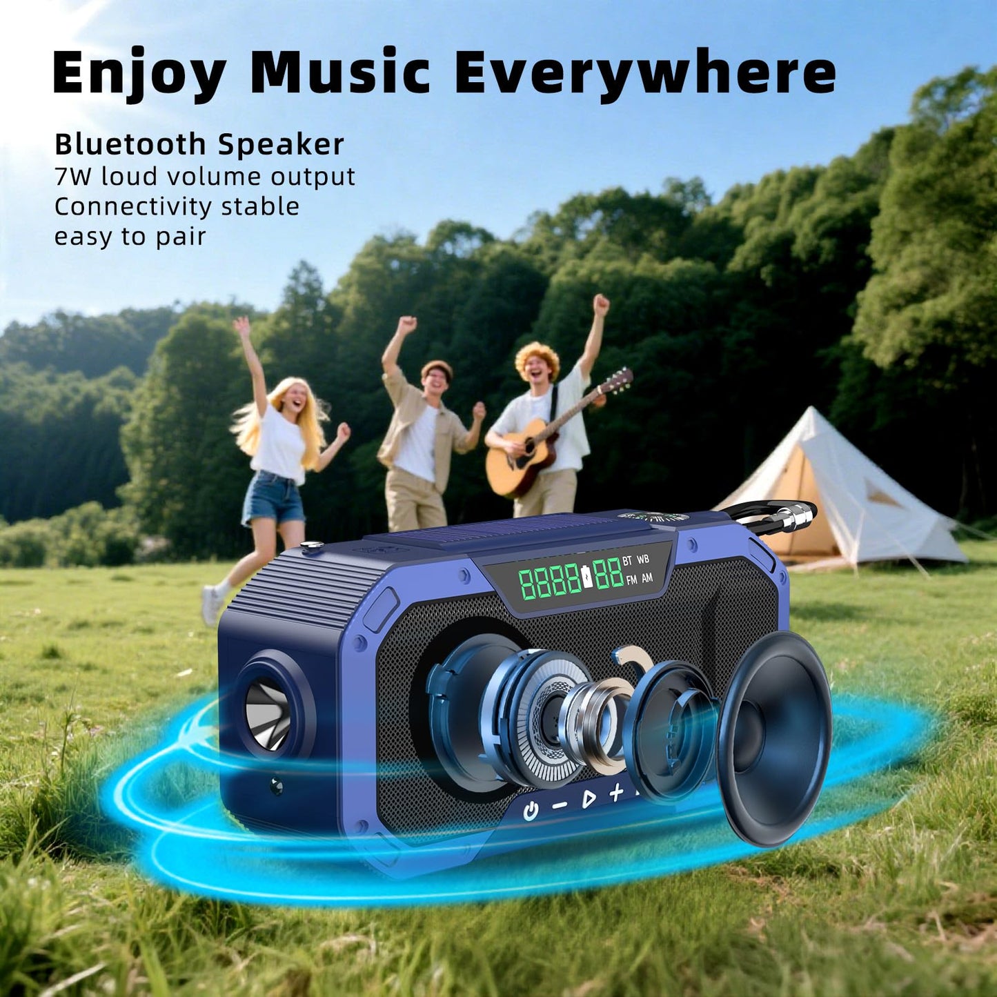 Portable Emergency Weather Radio with Waterproof Bluetooth Speaker, AM/FM/NOAA Hand Crank Solar Rechargeable Radio with Flashlight, Reading Light, 5000mAh Cell Phone Charger, SOS Alarm, Survival Gear