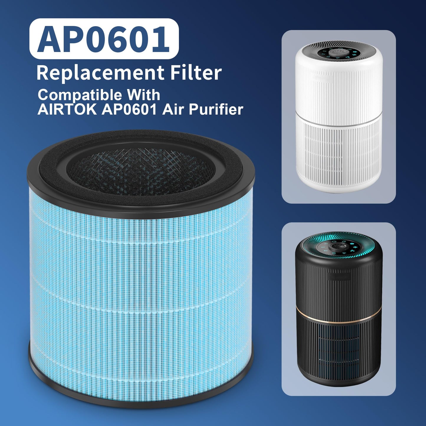 AP0601 Replacement Filter Compatible AIRTOK AP0601 Air Purifier, 4-in-1 H13 True HEPA Filters, High-Efficiency Activated Carbon Filter, AP0601-RF, 2 Pack