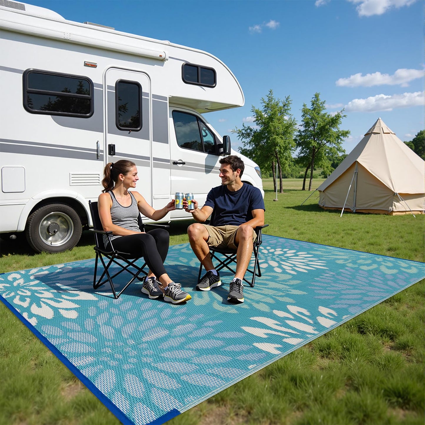 HEBE Outdoor Rug 8x10 ft Reversible Outdoor Area Rug Waterproof Patio Rug Mat Portable RV Camping Rug Modern Abstract Plastic Straw Carpet for Picnic Beach Balcony Pool Deck