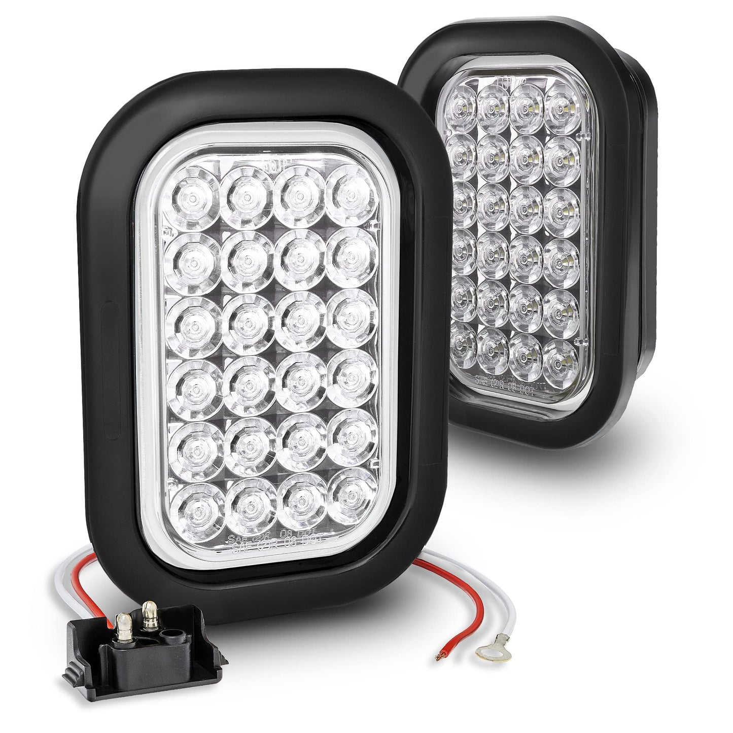 TRUE MODS 2pc White 5x3 3x5 Inch Rectangle LED Trailer Tail Light Kit [DOT FMVSS 108] [SAE (2) R] [Grommets/Plugs] [Submersible] [Back-Up/Reverse] [24 LED] Brake Lamp for Tow Truck 80" Wide Trailer