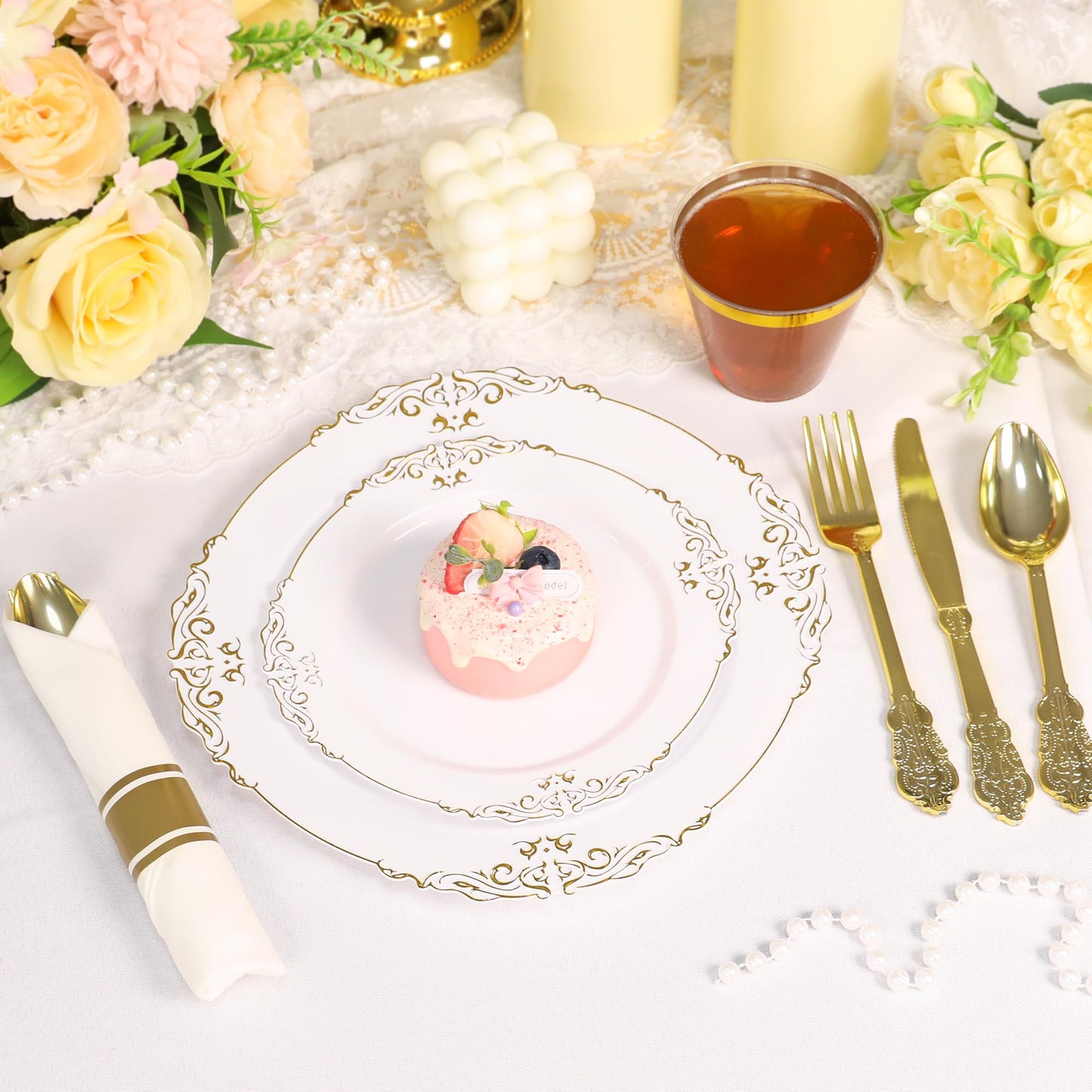 350 Piece Dinnerware Set for Wedding & Party,50 Guest RimPlastic Plates,50 Plastic Silverware,50 Cups,50 Linen Like Napkins (Gilding Gold)