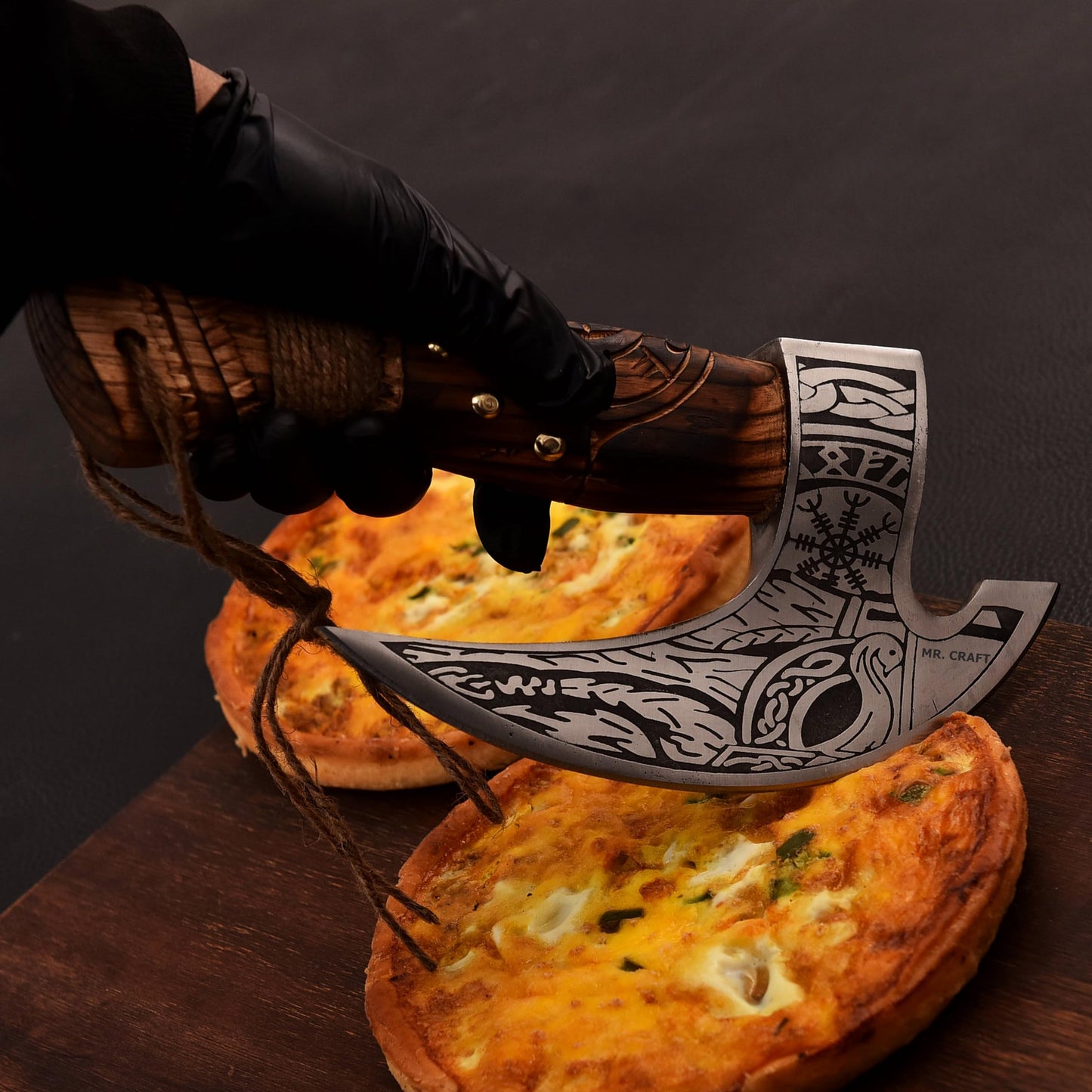 MR. CRAFT Pizza Cutter Axe Rocker by - Carbon Steel Slicer Chef Pizza Cutter Viking Axe with Leather Cover - Premium Pizza Oven Accessories Ulu Rocking Pizza Gift Gifts for Men (Engraved Ash Wood)