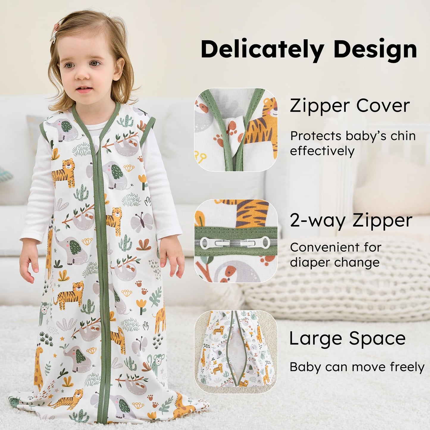 FIEMOL Baby Sleep Sack 6-12 months, 100% Cotton Sleeping Sack for Newborn and Infant, 3 Pack Baby Wearable Blanket, 0.5 Tog Lightweight Double Zipper Sleep Bag Green Brown Giraffe