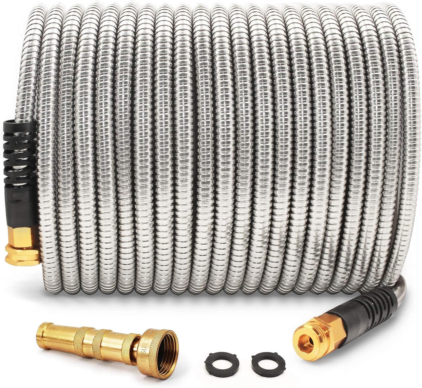 Cesun 50 Feet 304 Stainless Steel Metal Garden Hose with Solid Brass Nozzle, Lightweight Portable Durable Cool to The Touch, Flexible and No Kink, Tangle Puncture Resistant (50 Feet Upgraded)