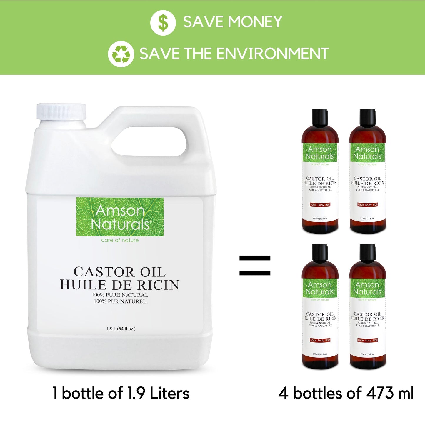 Castor Oil 1900 ml / 64 oz -100% Pure & Natural Castor oil Cold pressed Hexane free for Hair, Eyelashes, Eyebrows, Beard, Skin, Multipurpose carrier oil for essential oils, Huile de ricin pour cheveux Amson Naturals