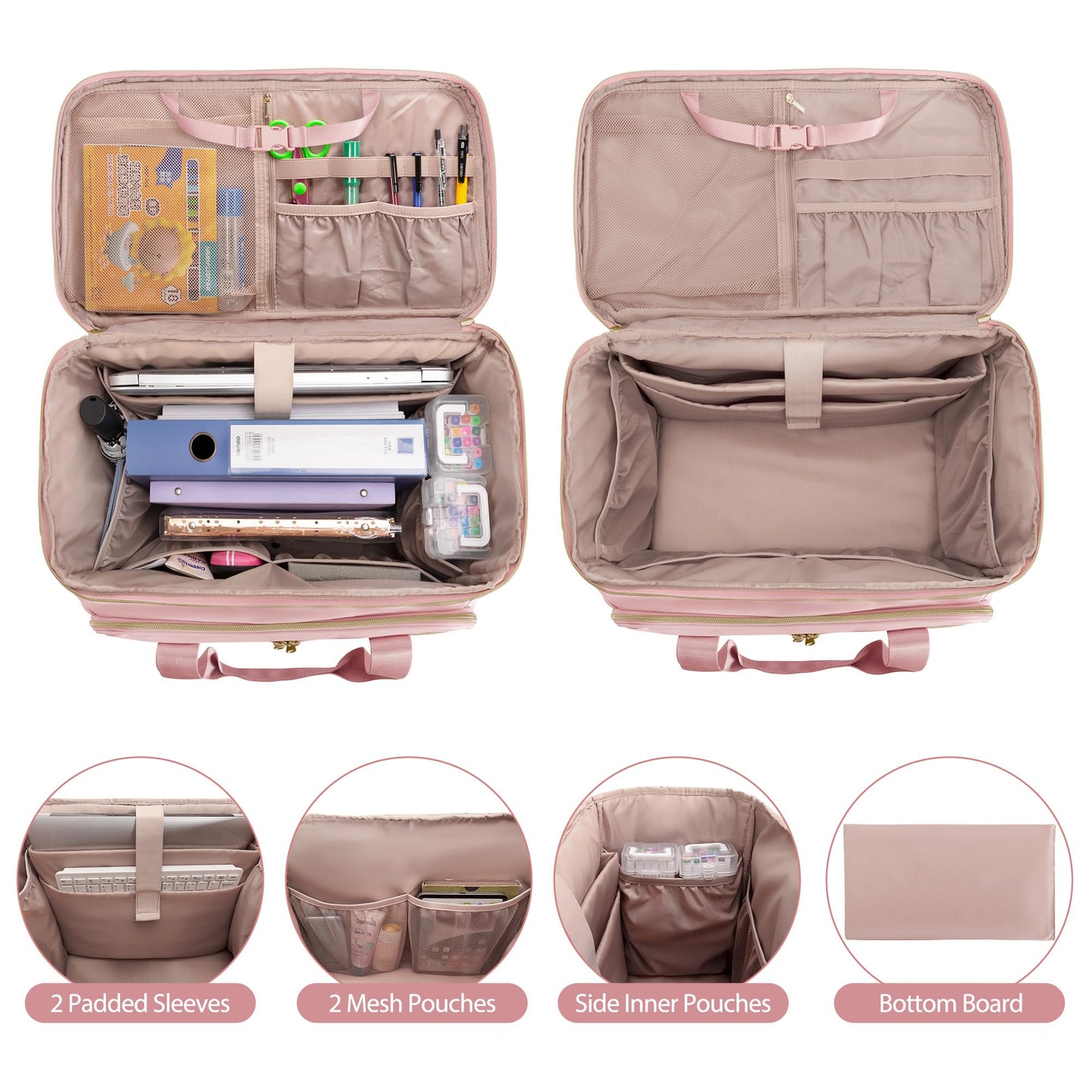 Prokva Rolling Teacher Bag with Wheels, Teacher Tote Bag with Detachable Trolley, Fits for 15.6" Laptop, Pink (Patent Design)