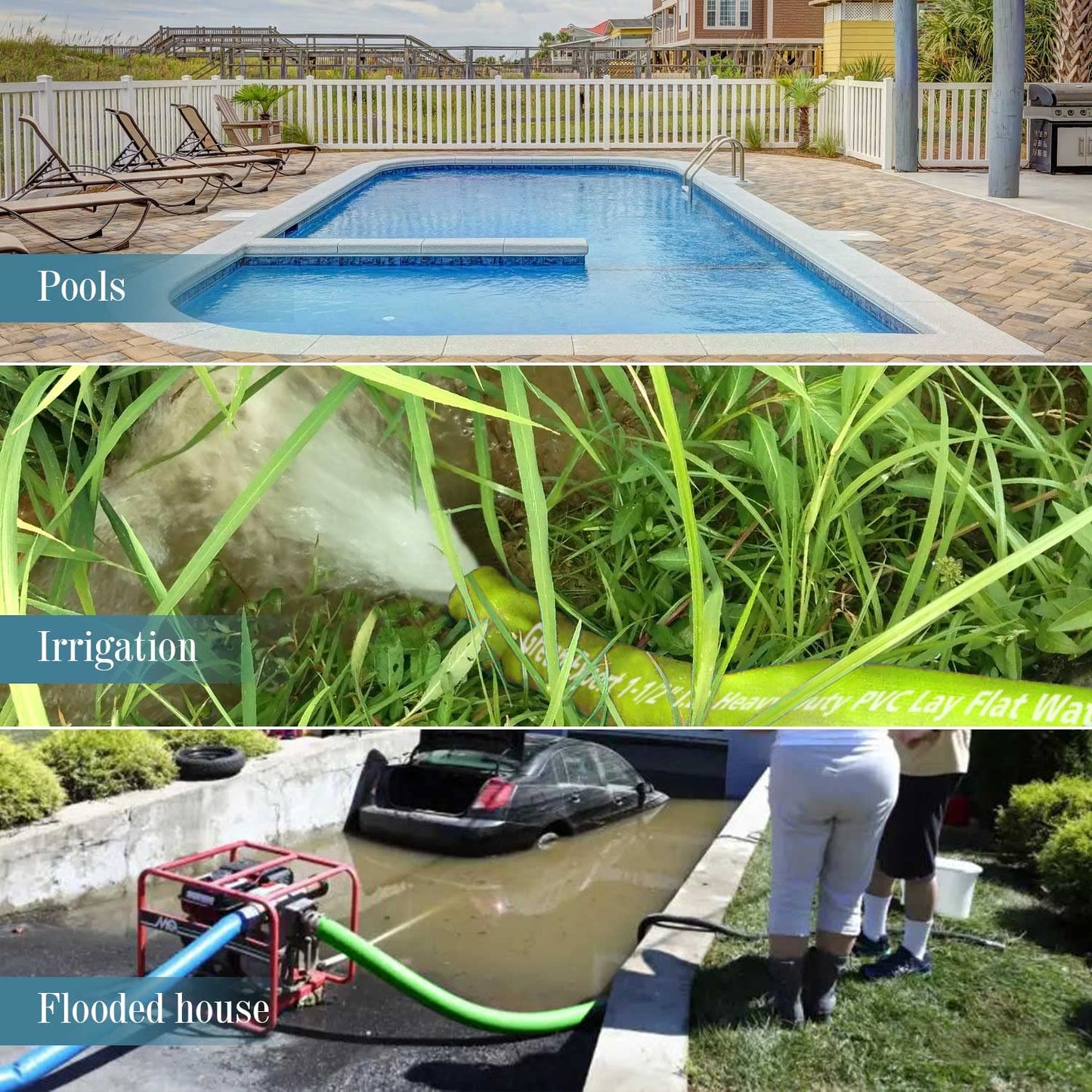 Green Expert 1-1/2" ID PVC Lay-Flat Discharge Hose Heavy Duty for Pump Draining Pool Filter Backwash Garden Pond Flooded House Water Disposal, 50 Feet Length with Steel Clamp Kit