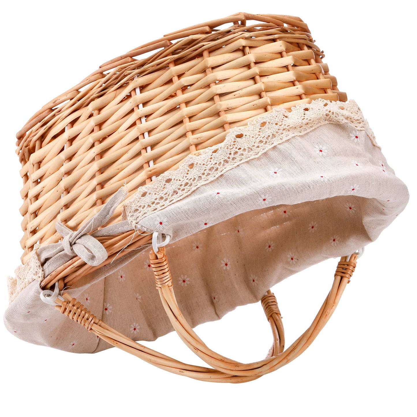 Peohud Wicker Picnic Basket with Handle, Willow Woven Basket with Double Folding Handles and Linen Lining, Large Storage Basket for Easter Egg Gathering, Candy, Gift, Flower Basket for Wedding, Oval