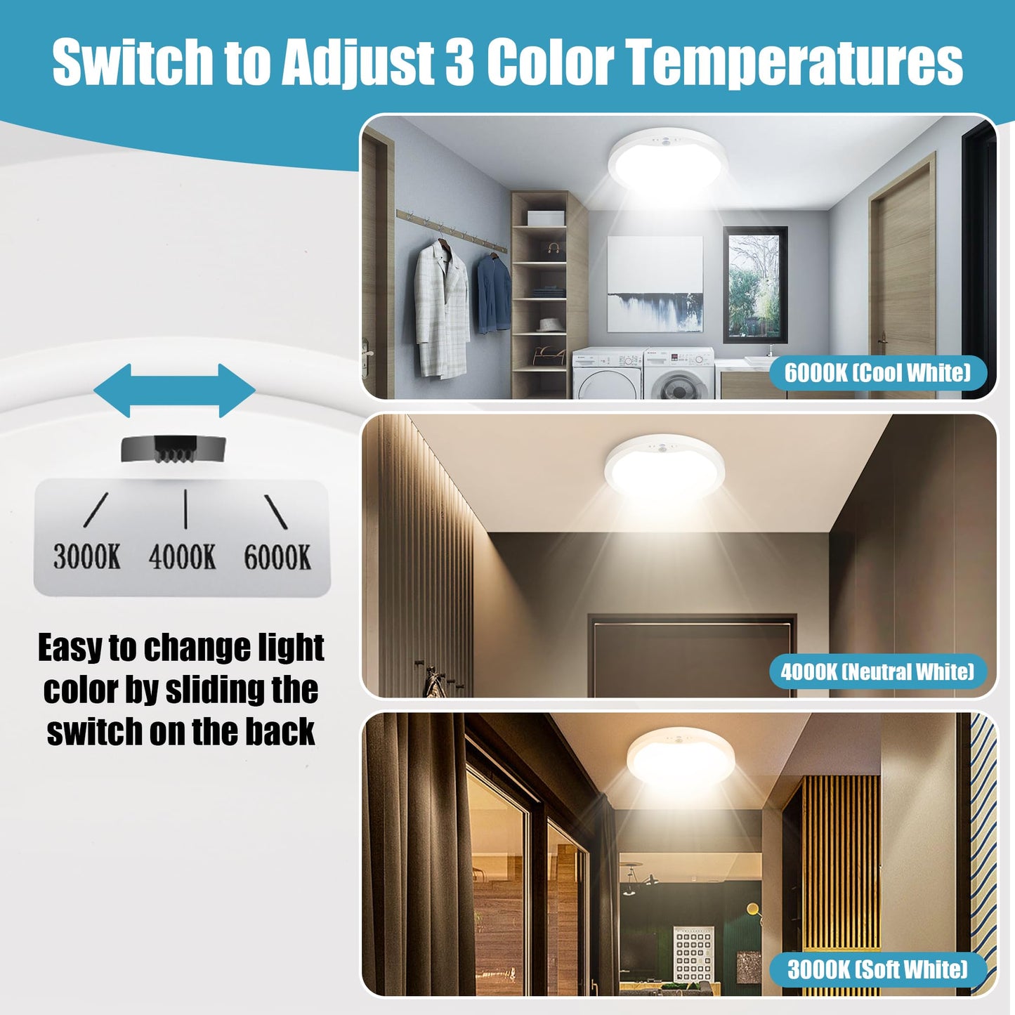 20W 9Inch Motion Sensor LED Ceiling Lights Indoor Hard-wired, Adjustable Color Temperature 3000K 4000K 6000K, Motion Activated Flush Mount Light Fixtures with 3 Light Modes for Closet Hallway, 2 Packs