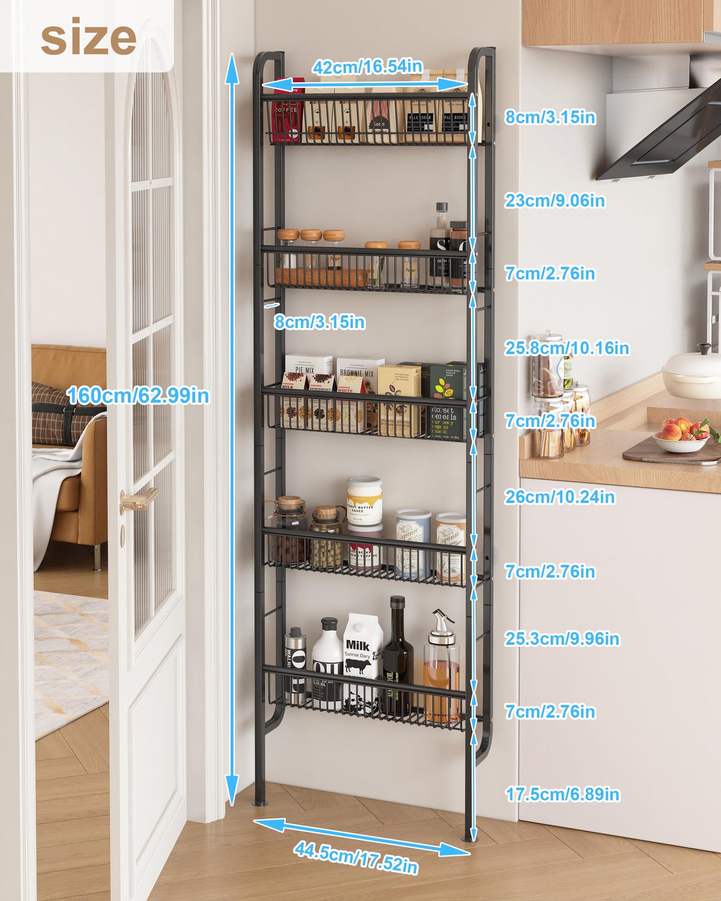 UMDONX Narrow Metal Storage Shelf Bathroom Organizer 5 Tier, Kitchen Behind Door Shelves Multifunctional Bookshelf (Black Width 9.5cm)