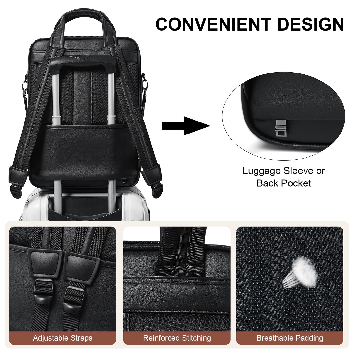 Laptop Backpack for Women and Men, 15.6 Inch Vegan Leather Computer Backpack Professional Water-Resistant Casual Daypack for Work Business College Travel Office,Two-toned Black