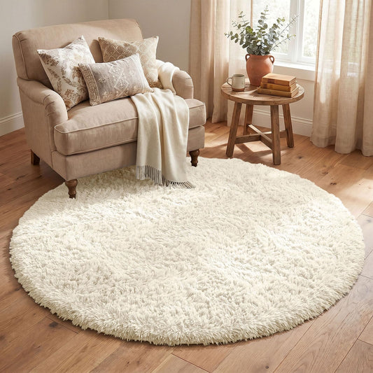 OLANLY Ivory Round Rugs for Bedroom, 4 Ft Machine Washable Circle Area Rugs for Living Room, Non-Slip Fluffy Carpet for Teen Girls and Boys, Dorms, Nursery Rooms, Home Decor Aesthetic