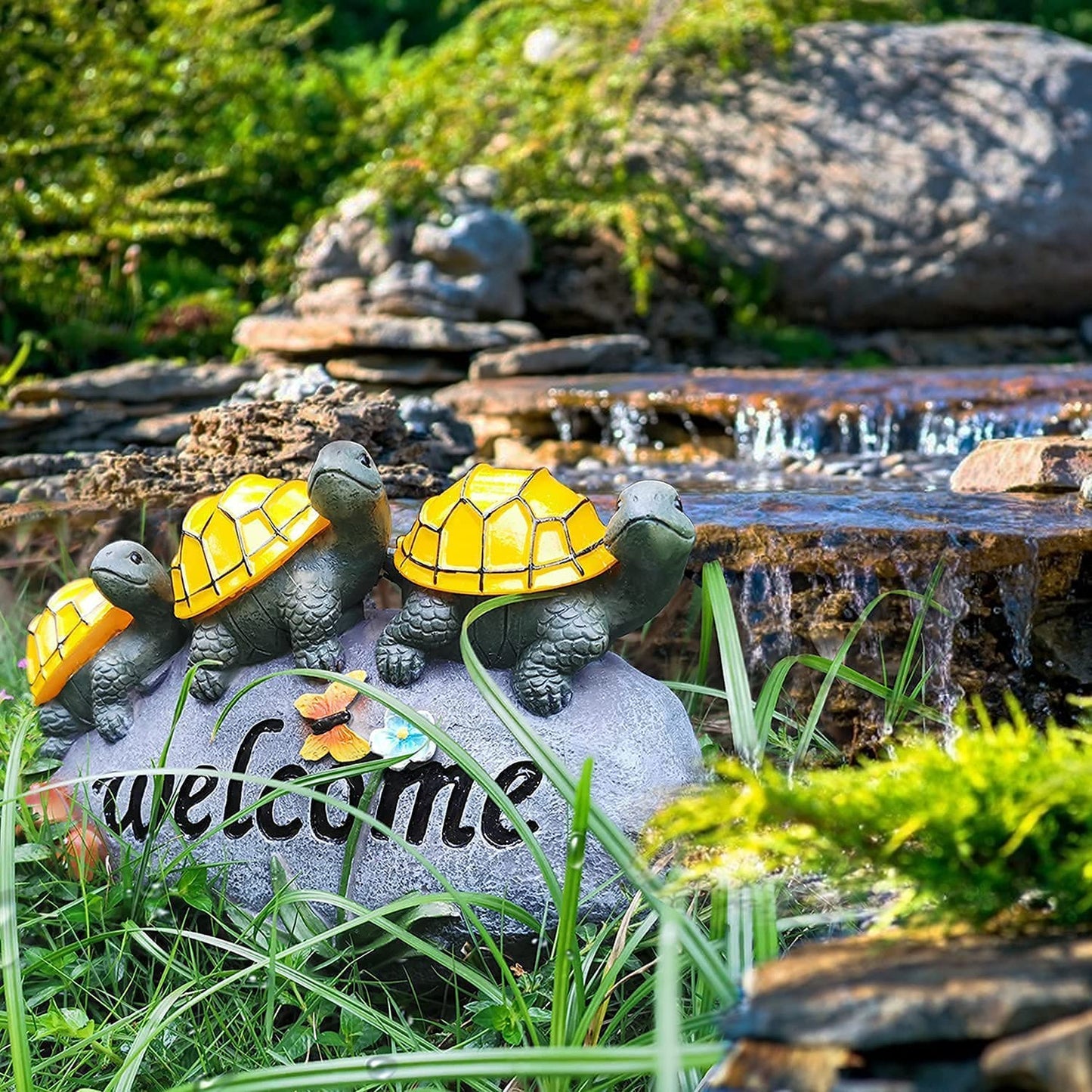 Solar Garden Statue Outdoor Waterproof Turtle Decor Light, 3 Turtles on a Rock Solar Outdoor Figurine Lights with Welcome Sign, Lawn Ornaments for Patio Yard Pathway Walkway