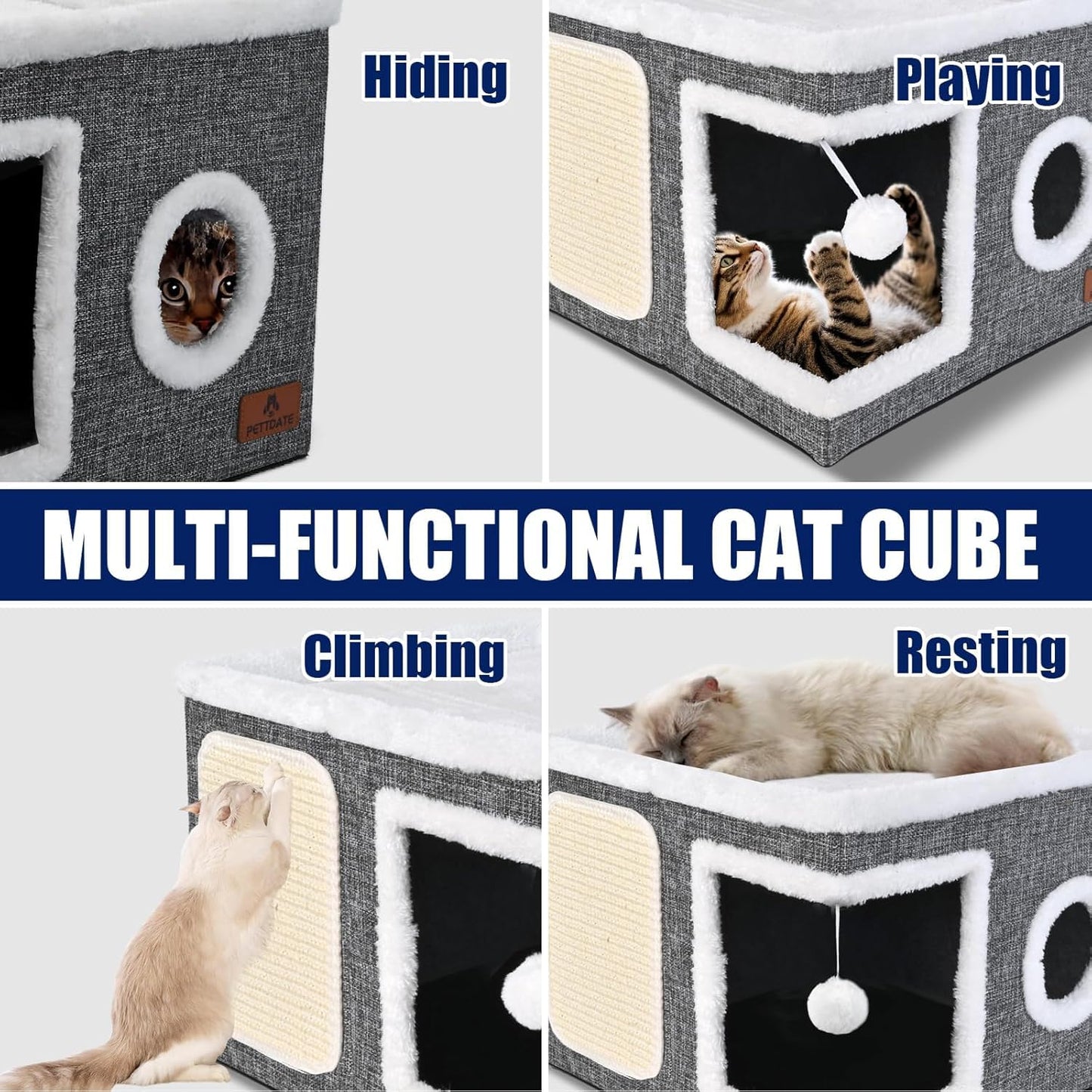 Cat House for Indoor Cats, Foldable Cat Bed with Scratch Pad and Fluffy Ball, Large Cat Cave 2 in1 Cat Hideaway with Reversible Cushion for Multi Small Pet, Grey