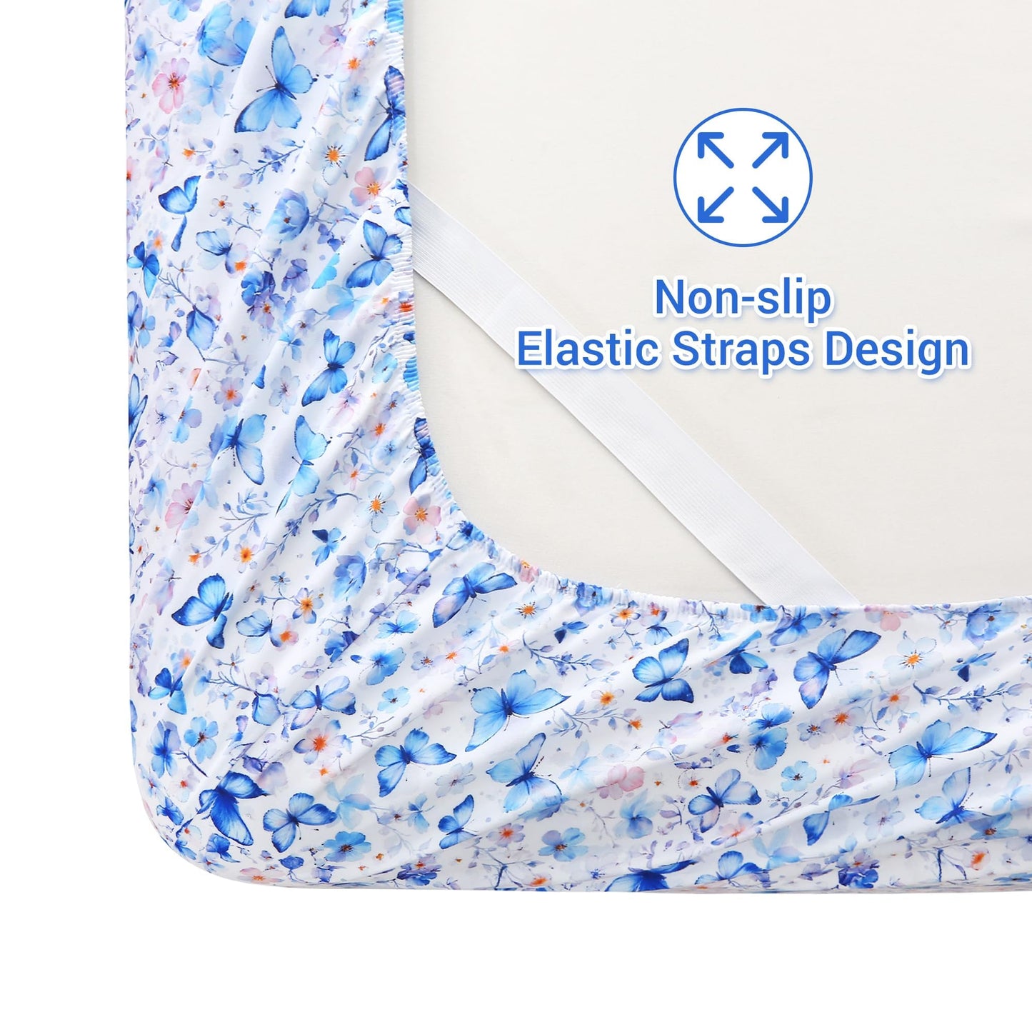 Softan Queen Floral Sheets, Microfiber Blue Flower Printed Fitted Sheets with Non-Slip Straps and 15" Deep Pocket, Butterfly Patterned Cozy Bed Sheets Queen, Buttertfly Sheets & Pillowcase Sets