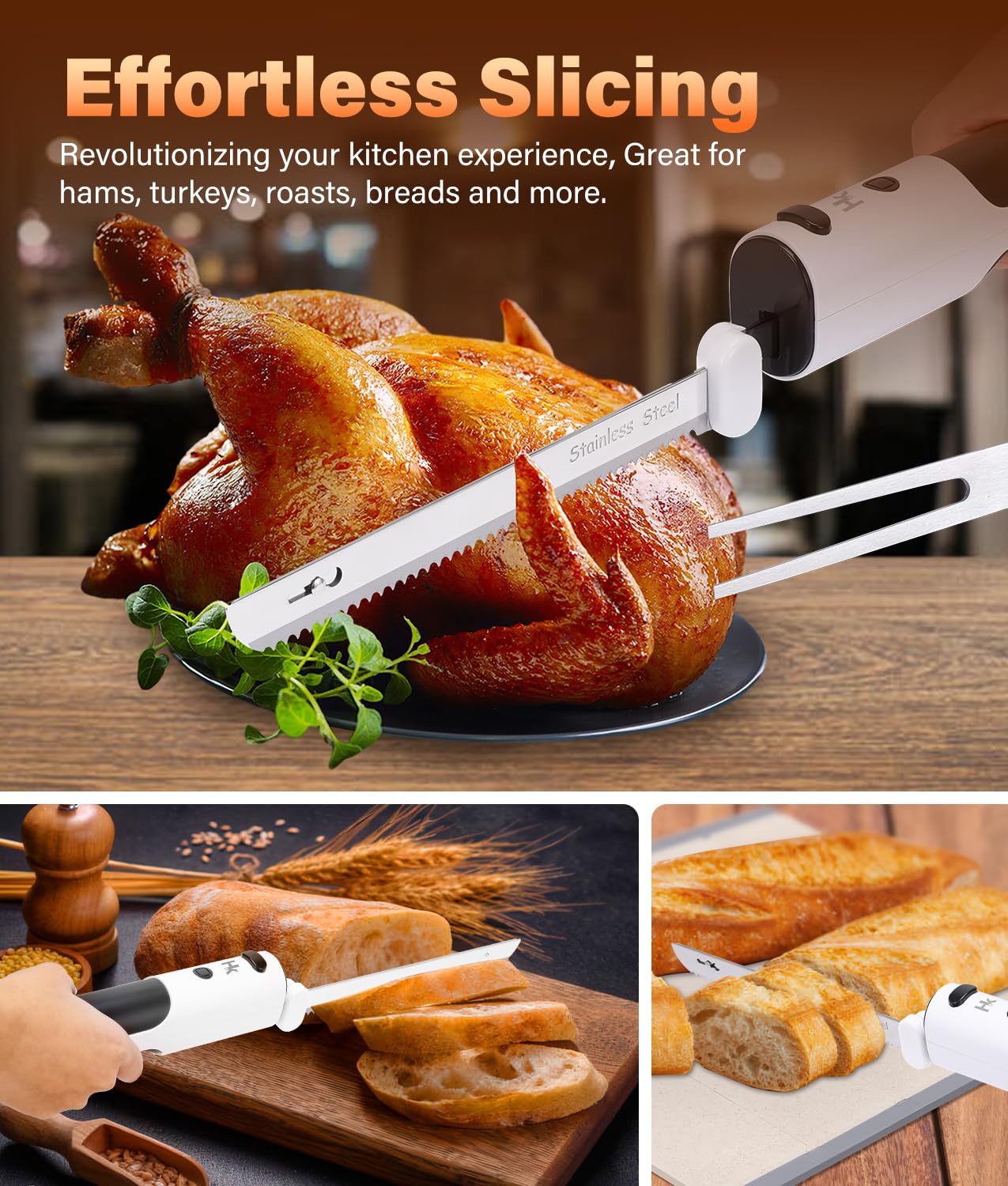 HK Cordless Electric Carving Knife for Meats, Poultry, Bread, Crafting Foam & More, Included Dual 304 Stainless Steel Blades, Fork, Foldable Cutting Board, Newly Upgraded Tactile Control