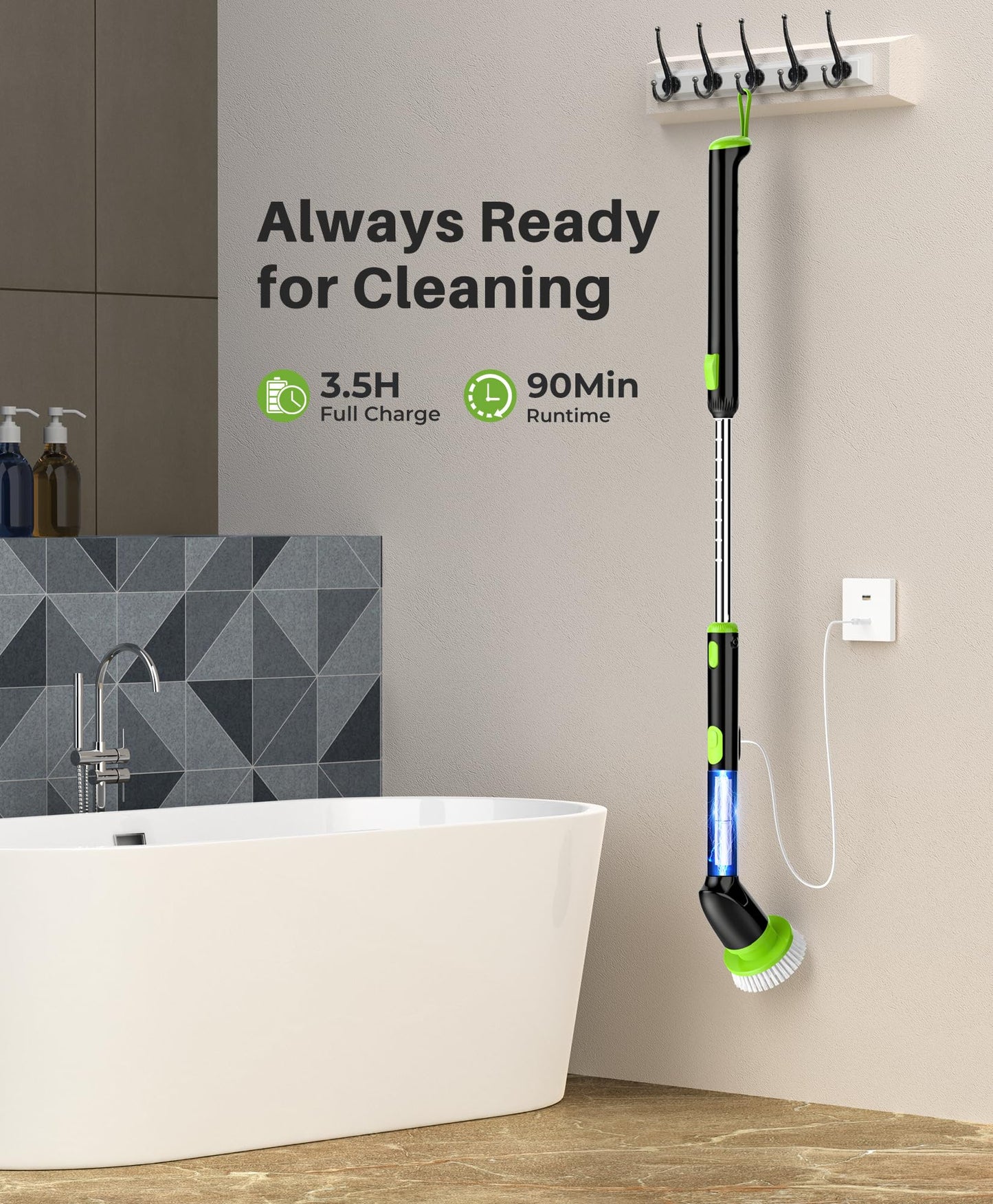 LyriFine Cordless Electric Spin Scrubber, 7 in 1 Shower Cleaner for More Use, Dual Speed & Detachable Long Handle, Electric Scrubber Cleaning, Waterproof Bathroom Scrubber Tub Tile Floor - Green