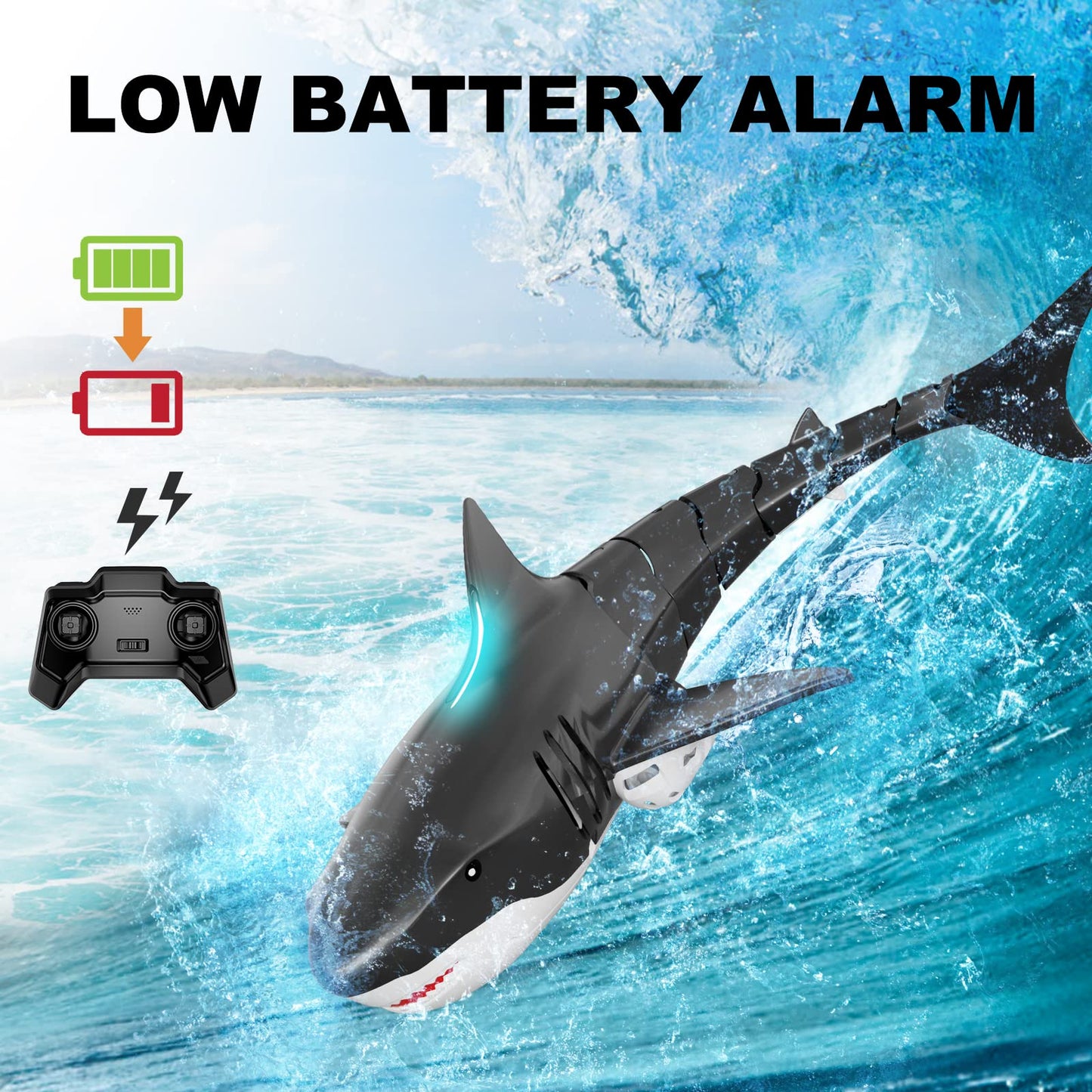 JELLY PLAY Remote Control Shark Pool Toys for Kids Age 8-12, 2.4GHz Waterproof RC Boat, Toy Shark with Light for 60 Mins Play, Gift for Boys Girls