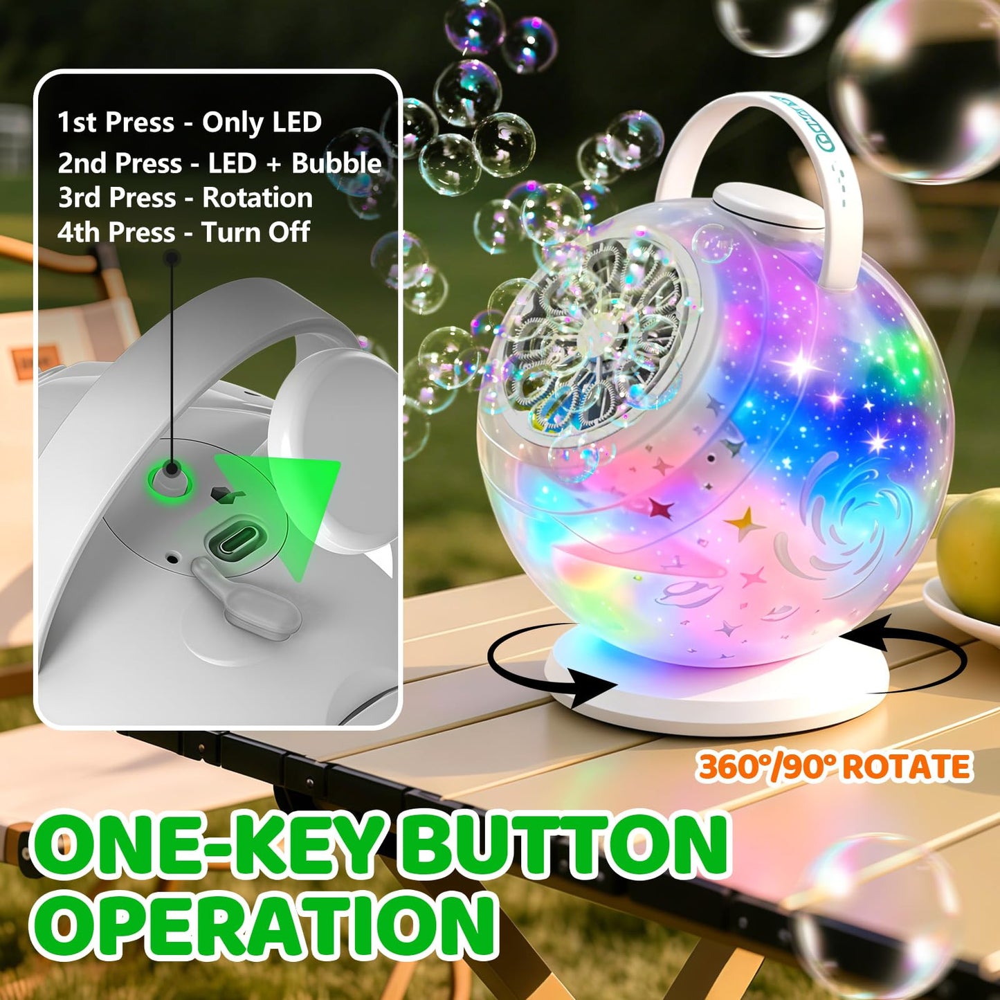 Bubble Machine, Rechargeable Bubble Blower with Remote Control, 10-Hole Bubble Maker for Kids, 7-Color Lights, 90°/360° Rotation, USB-C Charging, Outdoor Toys Gift for Boys Girls Parties, Birthday