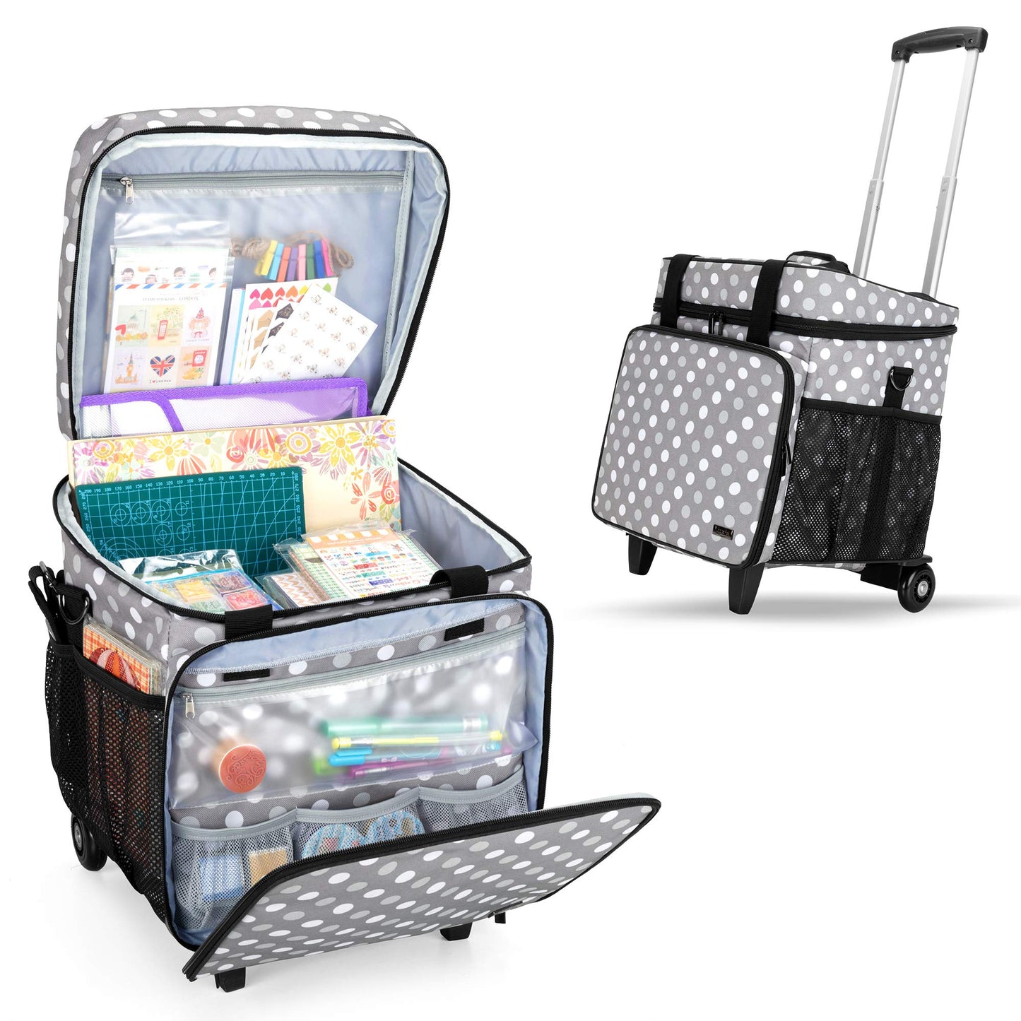 Luxja Rolling Scrapbook Tote, Scrapbook Bag with Detachable Dolly (Patented Design), Gray Dots