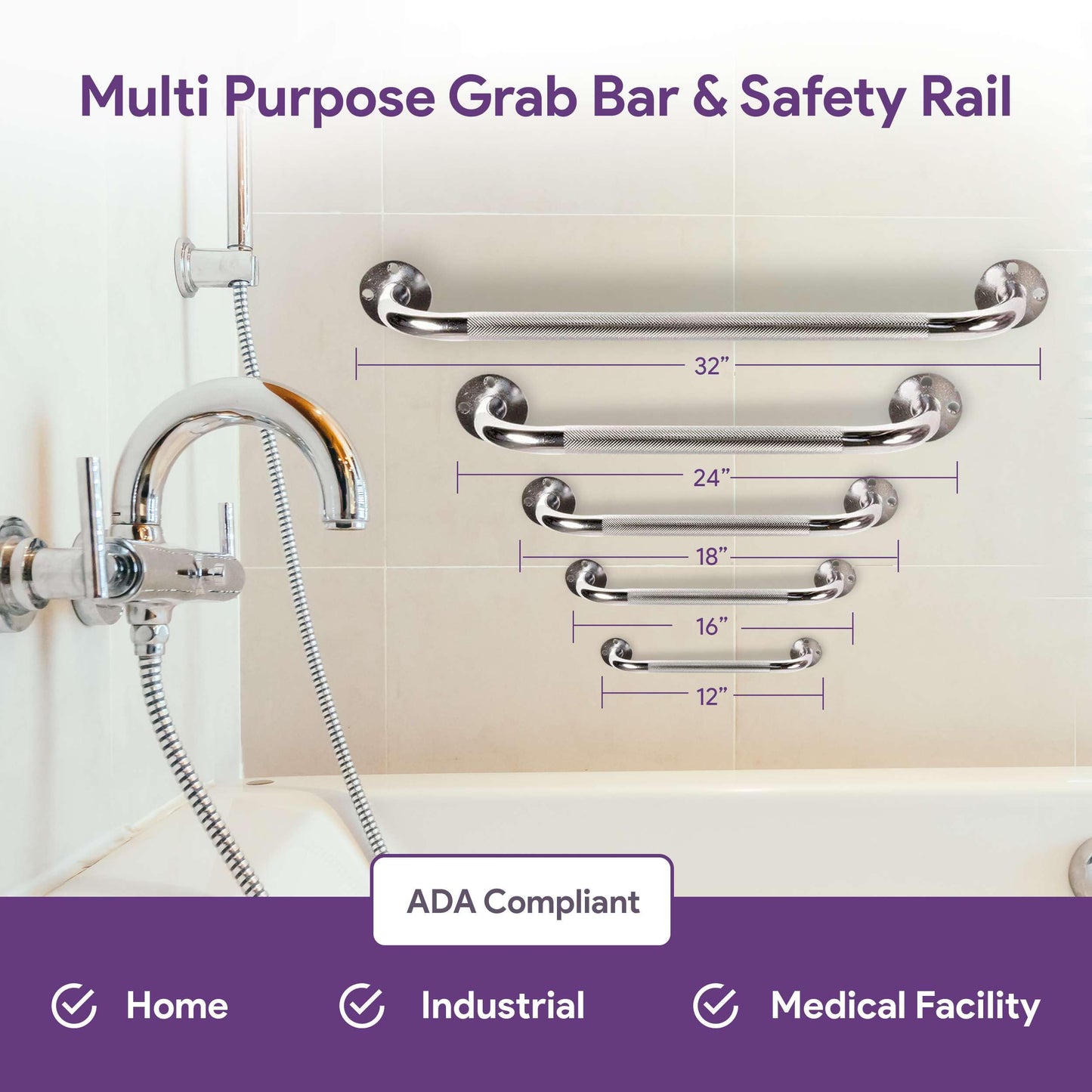 24 Inch Grab Bars for Bathtubs and Showers - Chrome Knurled Bathroom Safety Rail Handle - Non Slip Textured Grip Handicap Grab Bar for Seniors, 250 lbs Weight Support Capacity