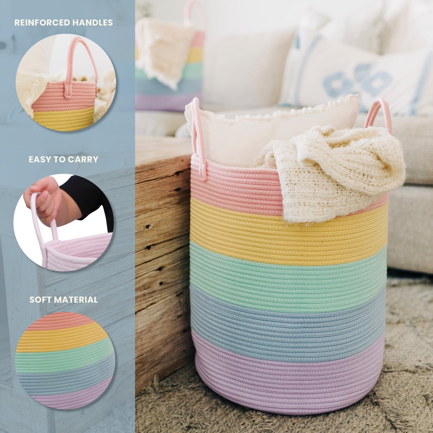 OrganiHaus Tall Rainbow Basket with Handles, Woven Cotton Rope Laundry Basket, Rope Baskets for Dirty Clothes,Towels and Blankets, Large Decorative Storage Bin for Bedroom - 38x45cm