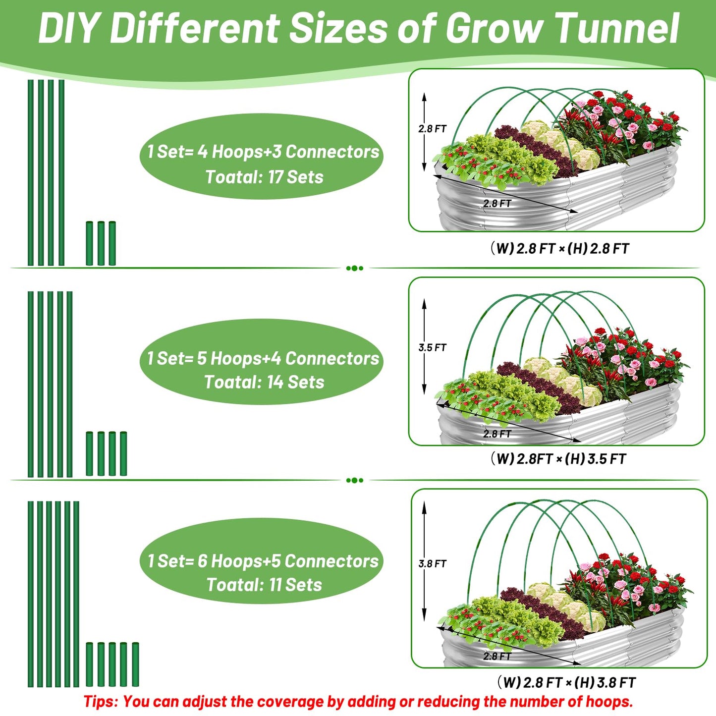 70 PCS Garden Hoops for Raised Beds 14 Sets Garden Tunnel Hoops Greenhouse Hoops Grow Tunnel, Fiberglass Garden Hoops for Netting Shade Cloth Cover DIY Plant Support Garden Stakes