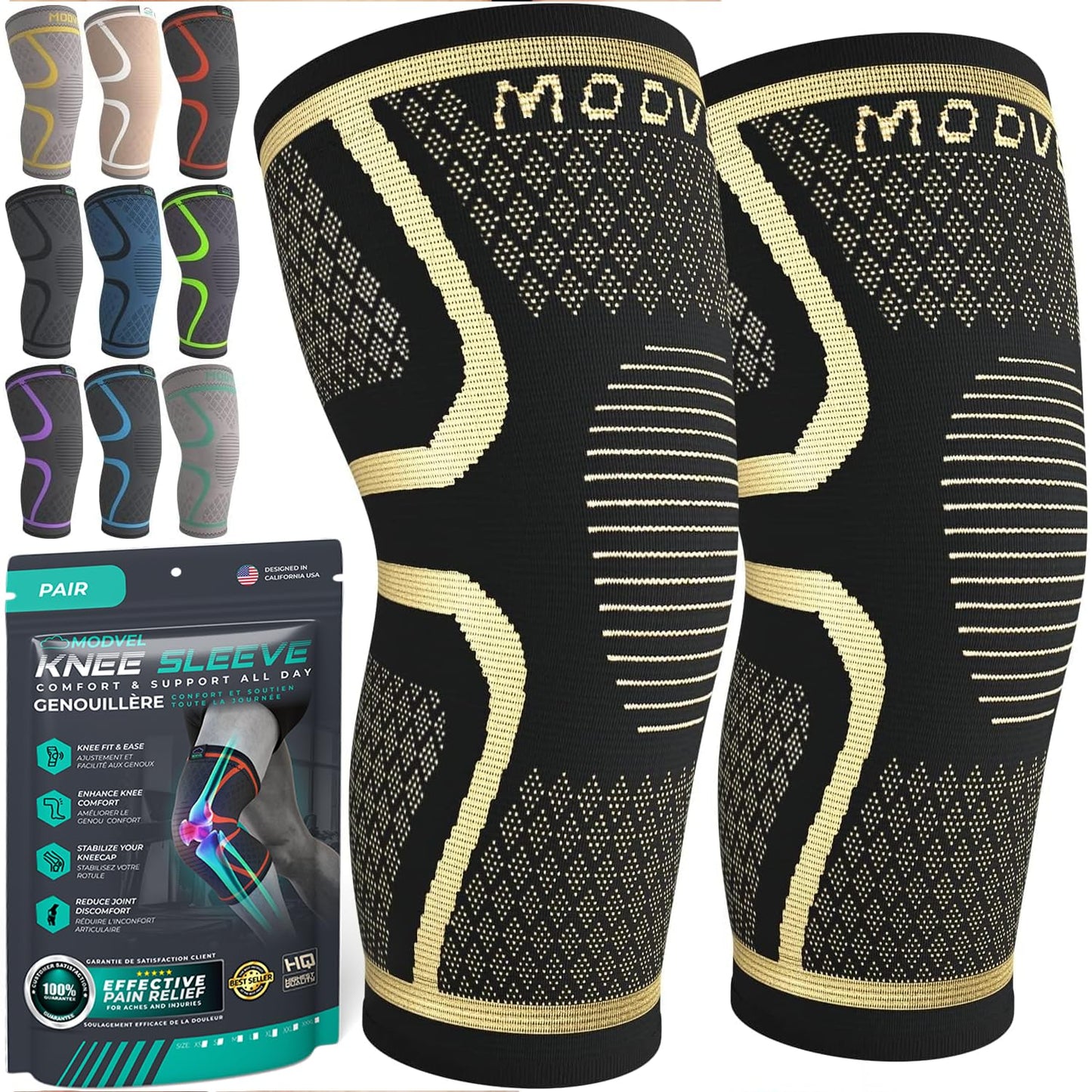 MODVEL 2 Pack Compression Knee Braces for Men & Women – Knee Support Sleeves for Sports, Workouts, Running, Weightlifting, Basketball, Volleyball – Joint Knee Pain Relief