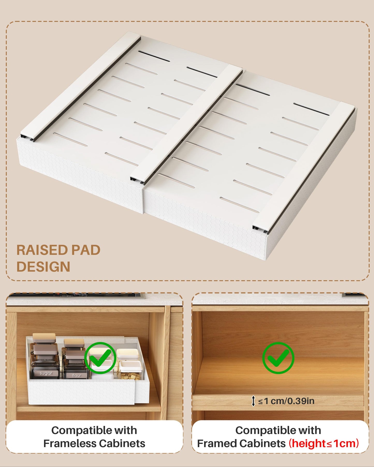 UMDONX 2 Pack Expandable Pull out Cabinet Storage Organizer Kitchen Cupboard Drawers, No Drill Adhesive Pantry Shelf Peel and Stick Sliding Rack(Durable Metal White Load 65LBS 21"Deep)