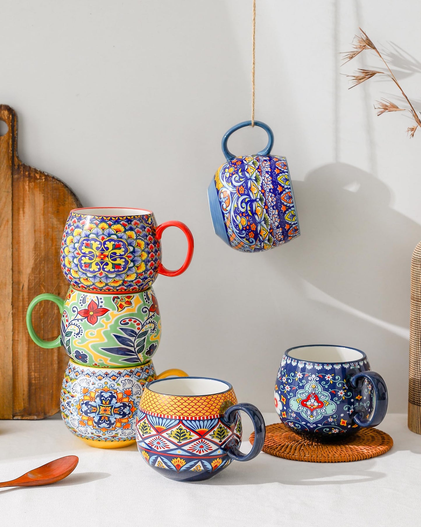 Porcelain Coffee Mugs 20 Ounce - Multicolor Cups for Latte, Hot Tea, Cappuccino, Cocoa, Soup, Dishwasher, Microwave Safe, Christmas Gift Set of 6 - Bohemian Style