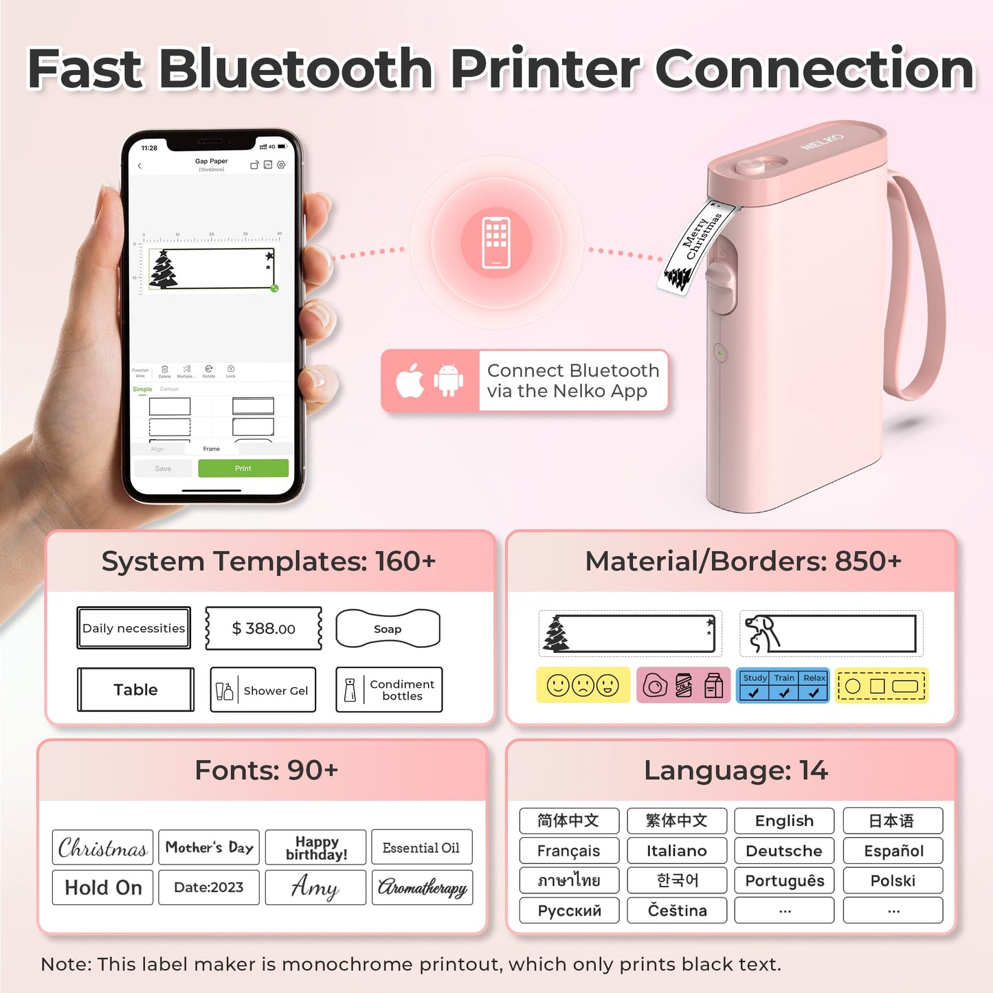 Nelko Label Maker Machine with Tape, P21 Portable Bluetooth Label Printer, Wireless Built-in Cutter Sticker Maker Mini Label Makers with Multiple Templates for Organizing Storage Office Home, Pink