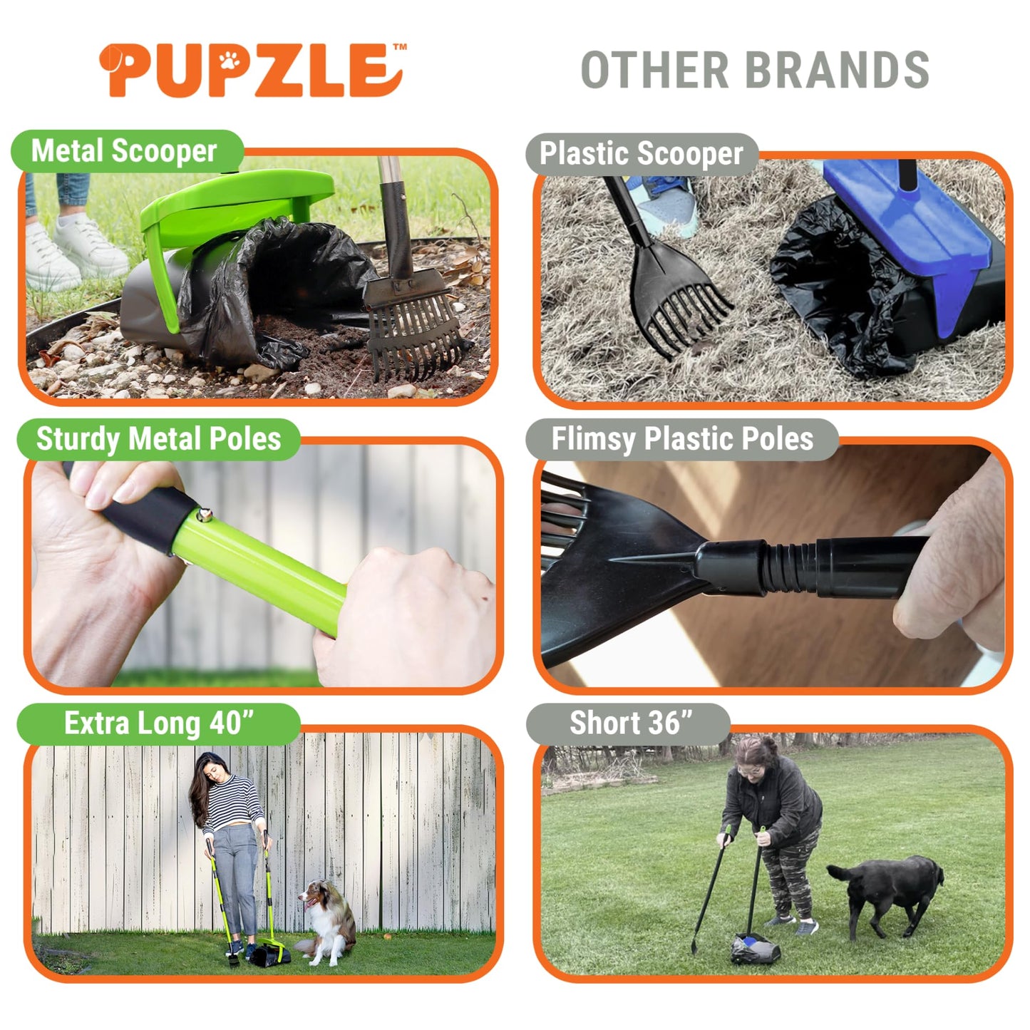 Pupzle Dog Pooper Scooper with Bag Attachment, 40" Long Handle Pooper Scooper for Large Dogs Heavy Duty, Metal Dog Poop Scoop for Yard, Large Capacity Bin and Rake with 25 Refill Bags for Dogs