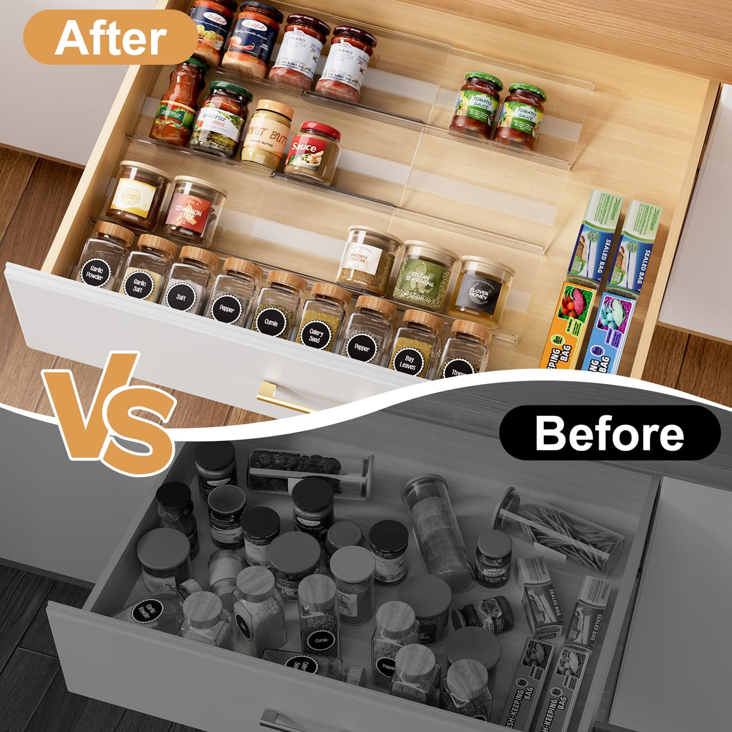 Brippo 8-Pack Spice Drawer Organizer, Expandable Acrylic Seasoning Rack (13" to 26") with Anti-Slip Mat, Kitchen Spice Rack Tray Holds up to 56 Jars
