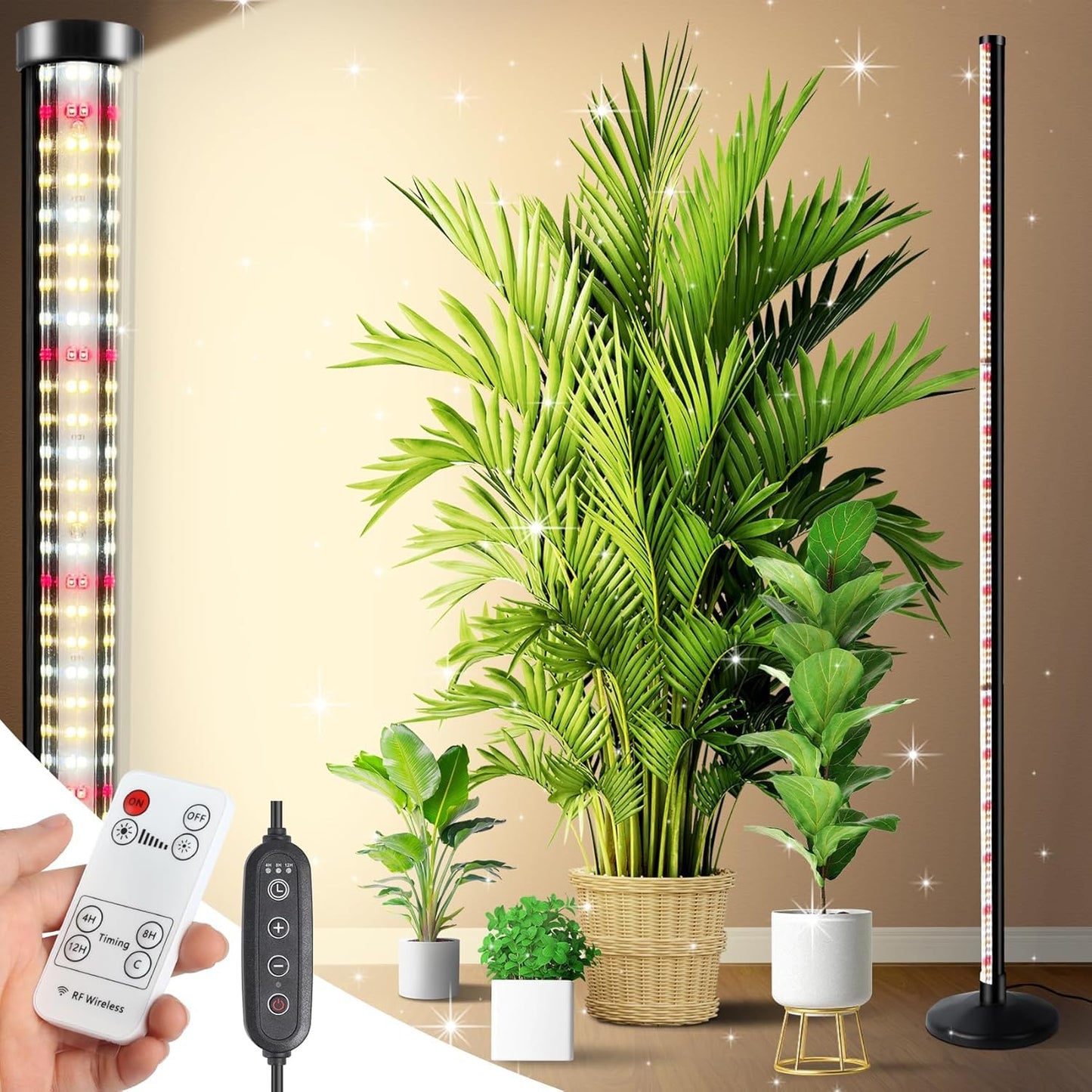 145CM Grow Lights for Indoor Plants: 36W, 6000K, 280 LEDs Full Spectrum Plant Light for Seed Starting with Timer and 10 Level Dimmable Standing Plant Growing Lamp for Greenhouse with Hanging Accessory
