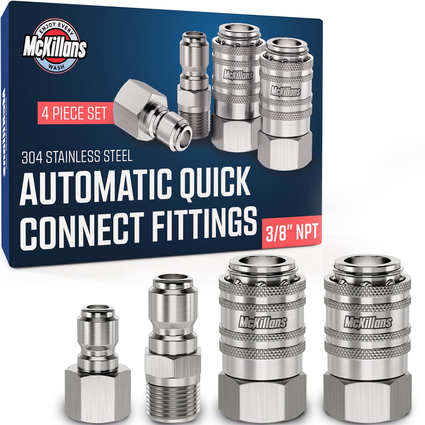 McKillans® 3/8" NPT Automatic Quick Connect Kit of 4 - Stainless Steel - 3/8" Pressure Washer Quick Connect Fittings - Power Washer NPT 3/8" - Push-to-Connect - Upgraded Viton O-Rings