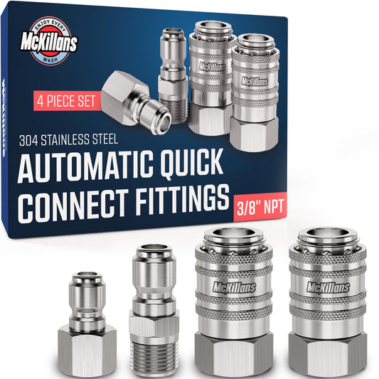 McKillans® 3/8" NPT Automatic Quick Connect Kit of 4 - Stainless Steel - 3/8" Pressure Washer Quick Connect Fittings - Power Washer NPT 3/8" - Push-to-Connect - Upgraded Viton O-Rings