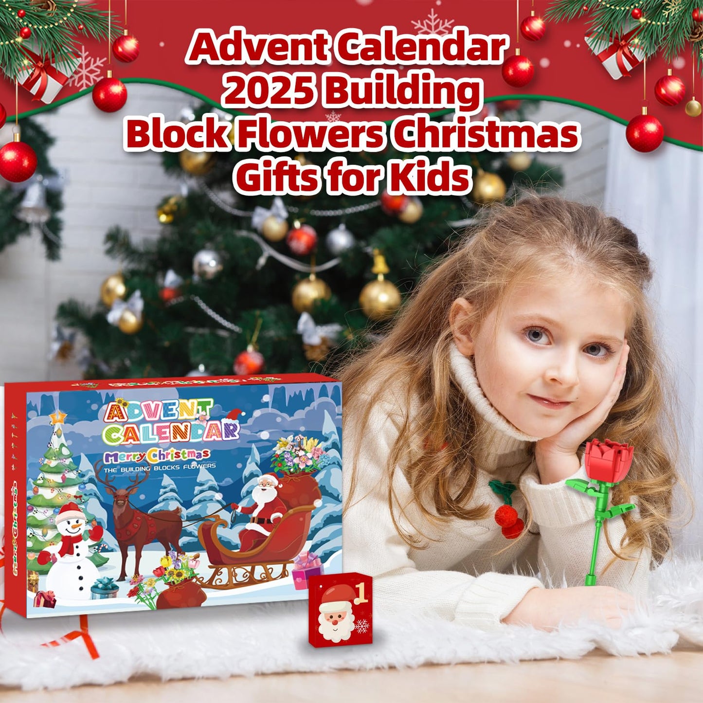 Advent Calendar 2025 Flower Building Blocks for Kids, 24-Day Christmas Calendar with 24 Colorful Flower Bouquets Made of Building Blocks,Christmas Flower Building Toy Gift for Boys and Girls