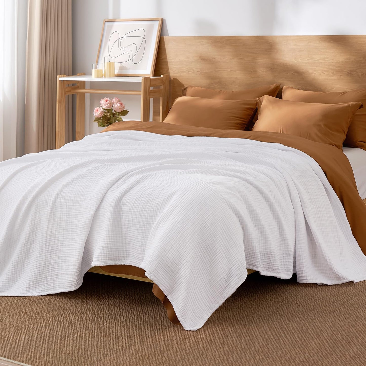 David's Home 100% Cotton Muslin Queen Size Blanket, 4-Layer Breathable and Lightweight Gauze Blanket for Bed Couch, Soft Muslin Blanket for Adults Hot Sleepers, Room Decor, White, 90 * 90"