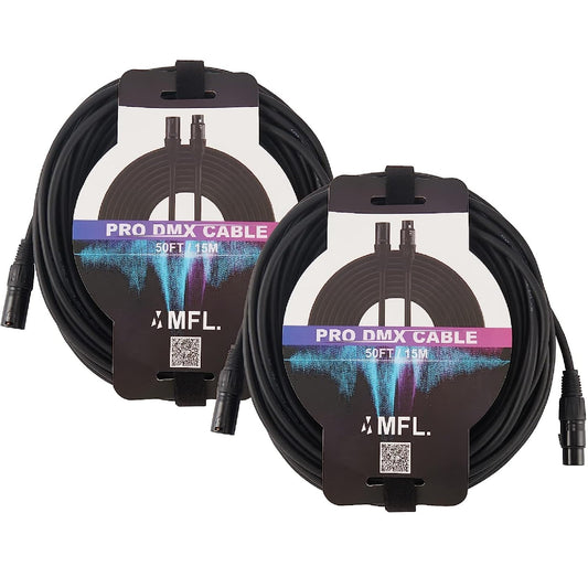 MFL. 50 ft Flexible DMX Cable 22AWG 3 Pin Signal (XLR Compatible) Male to Female Wire for Stage Lighting DJ Lights, 110 Ohms Impedance, Black, Pack of 2