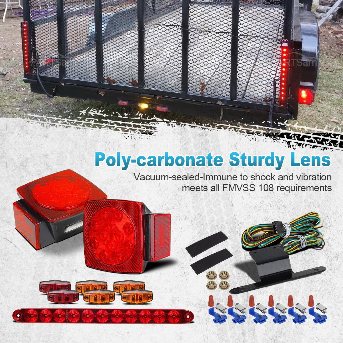 Partsam Submersible Under 80" LED Trailer Light Kit,Square Stop Turn Tail RV Truck Lights w/Wire &Bracket,Red/Amber Side Fender Marker Lamps,3rd Brake ID Light Bar for Camper Truck RV Boat Snowmobile