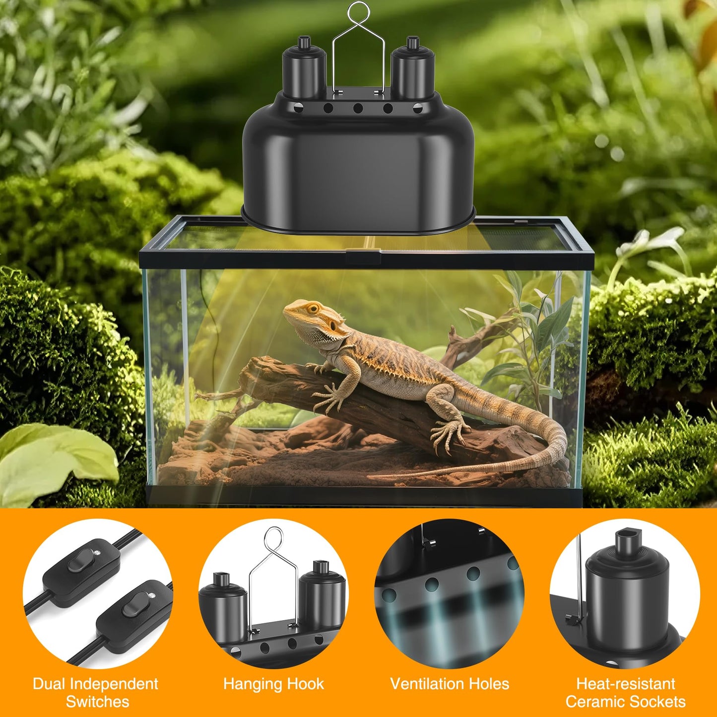 AOKSURE Dual Reptile Light Fixture with Switches, Reptile Heat Lamp Fixture, Reptiles Terrarium UVB Bulb Fixture for Bearded Dragon, Max 100W Each