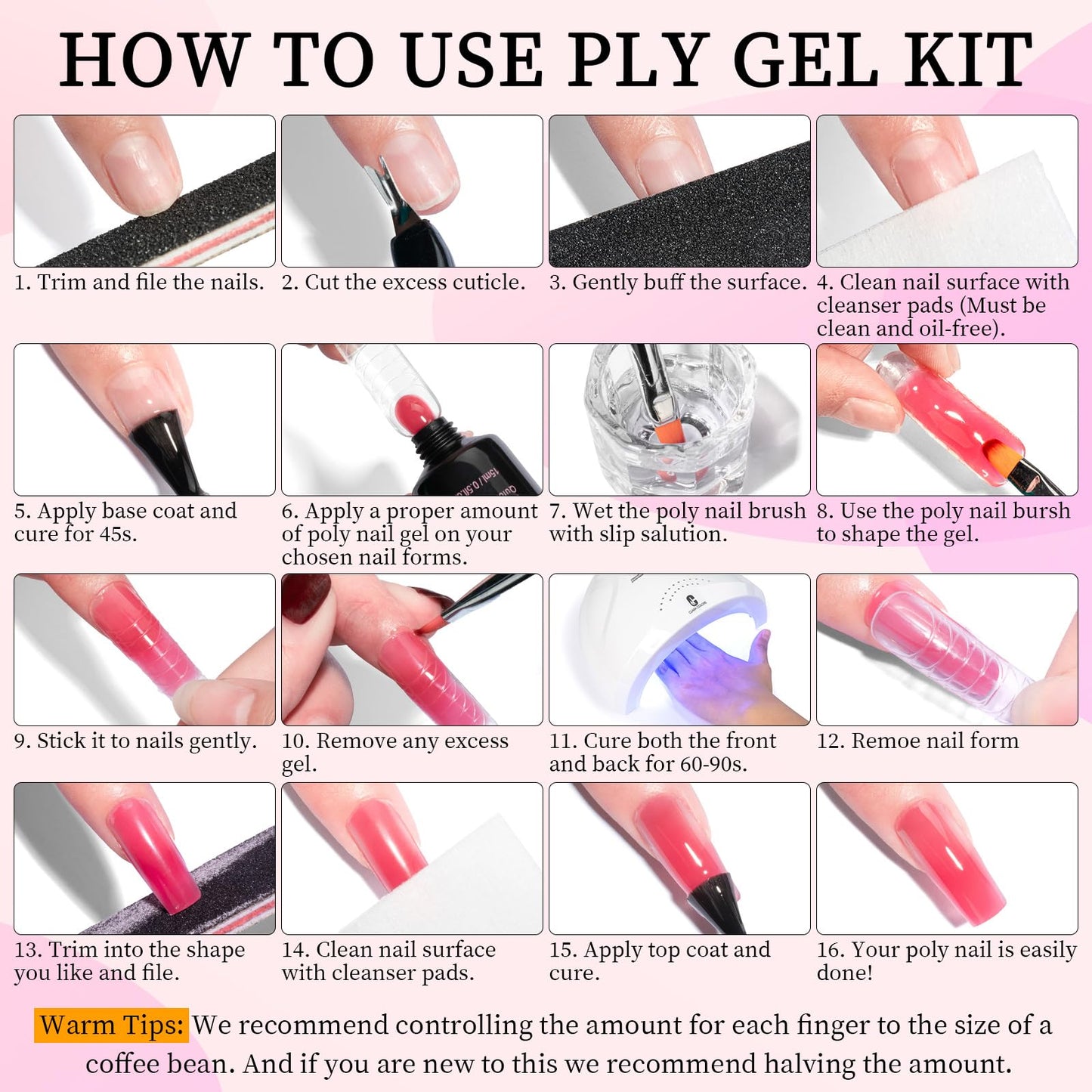 Clara Colors Poly Extension Gel Nail Kit-12 Colors Poly Kit with 48W LED Nail Lamp All In One Poly Nail Gel Starter Kit with Slip Solution and Tools for Nail Art DIY Soak Off UV Salon Home Gift for Women&Girls